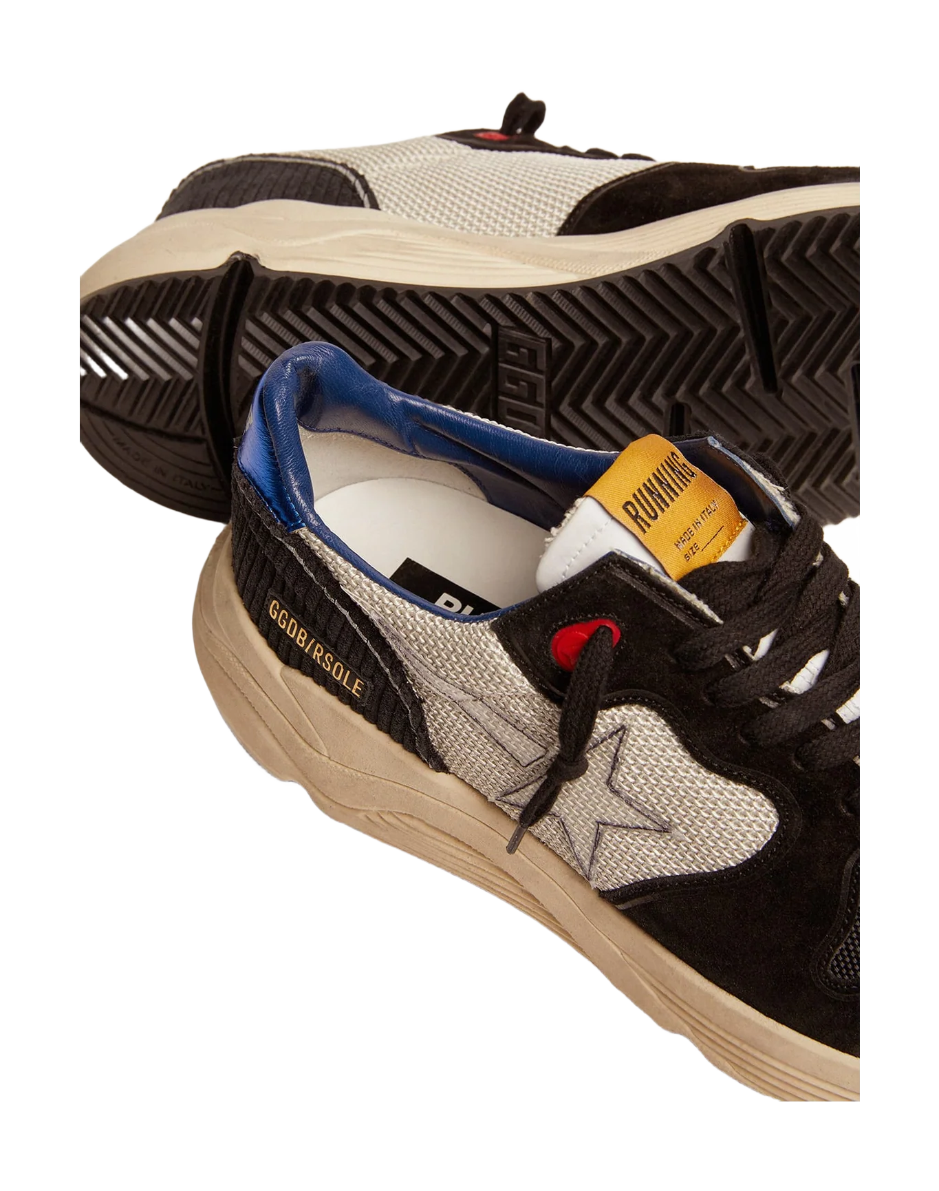 Men | Running Sole Black & White Sneakers with Metallic Blue Heel Tab | White x Black x Blue - Image 6