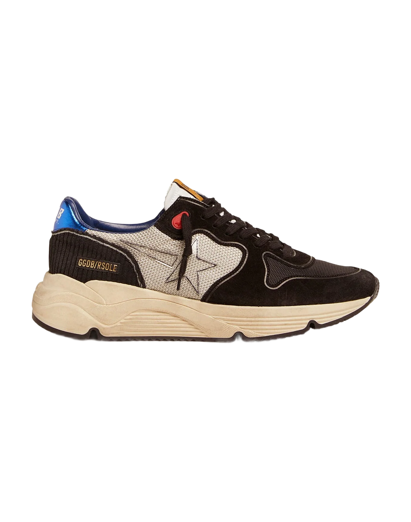 Men | Running Sole Black & White Sneakers with Metallic Blue Heel Tab | White x Black x Blue - Image 7