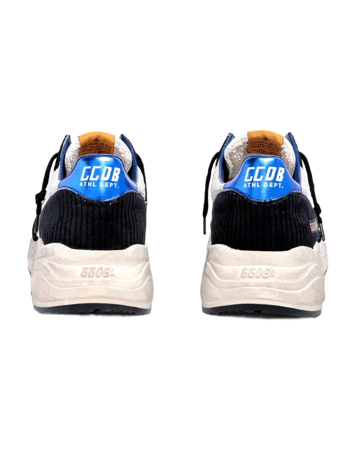 Men | Running Sole Black & White Sneakers with Metallic Blue Heel Tab | White x Black x Blue - Image 8