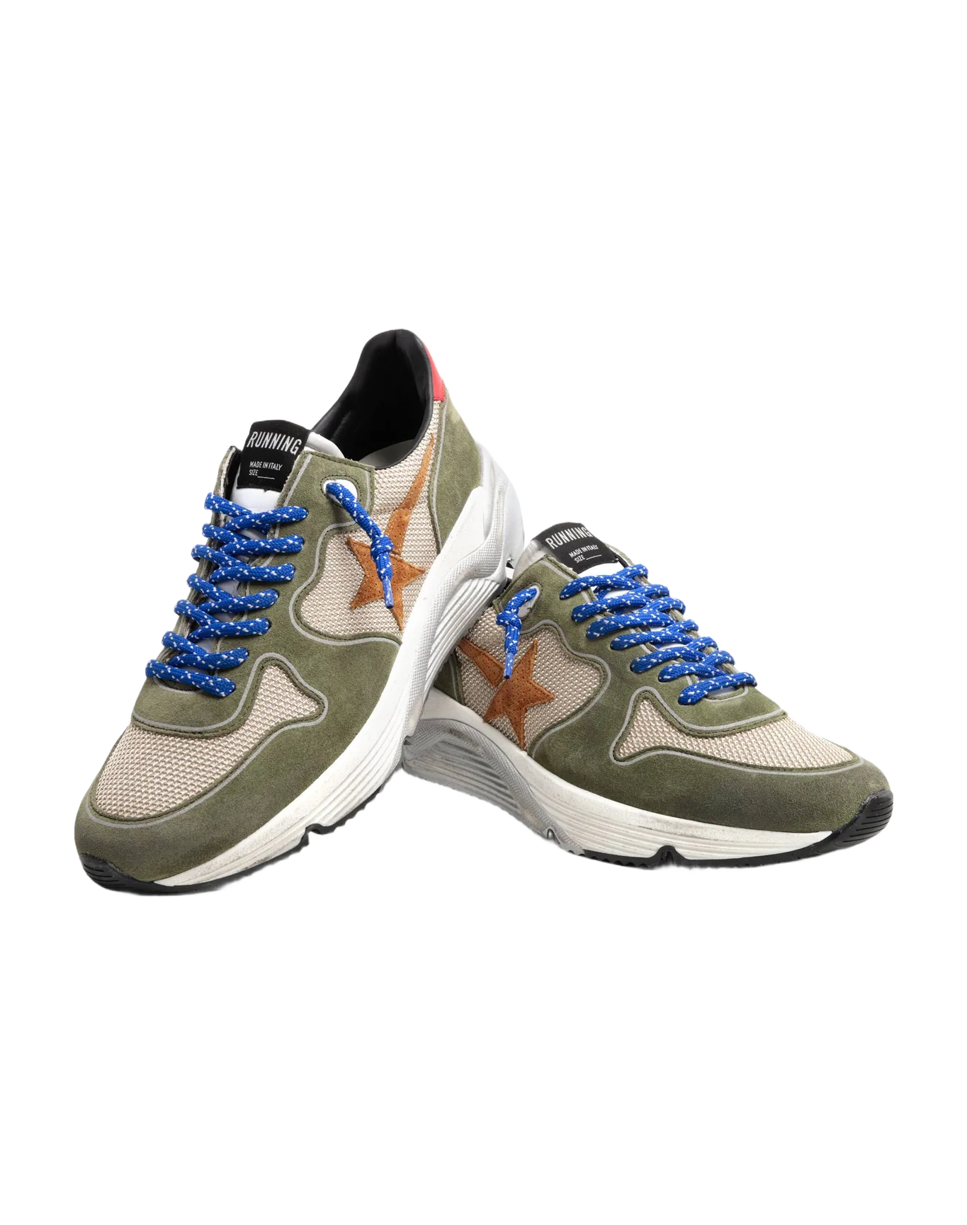 Men | Running Sole Sneakers Net & Suede Upper with Brown Star & Red Leather Heel | Beige x Light Green x Brown x Red - Image 4