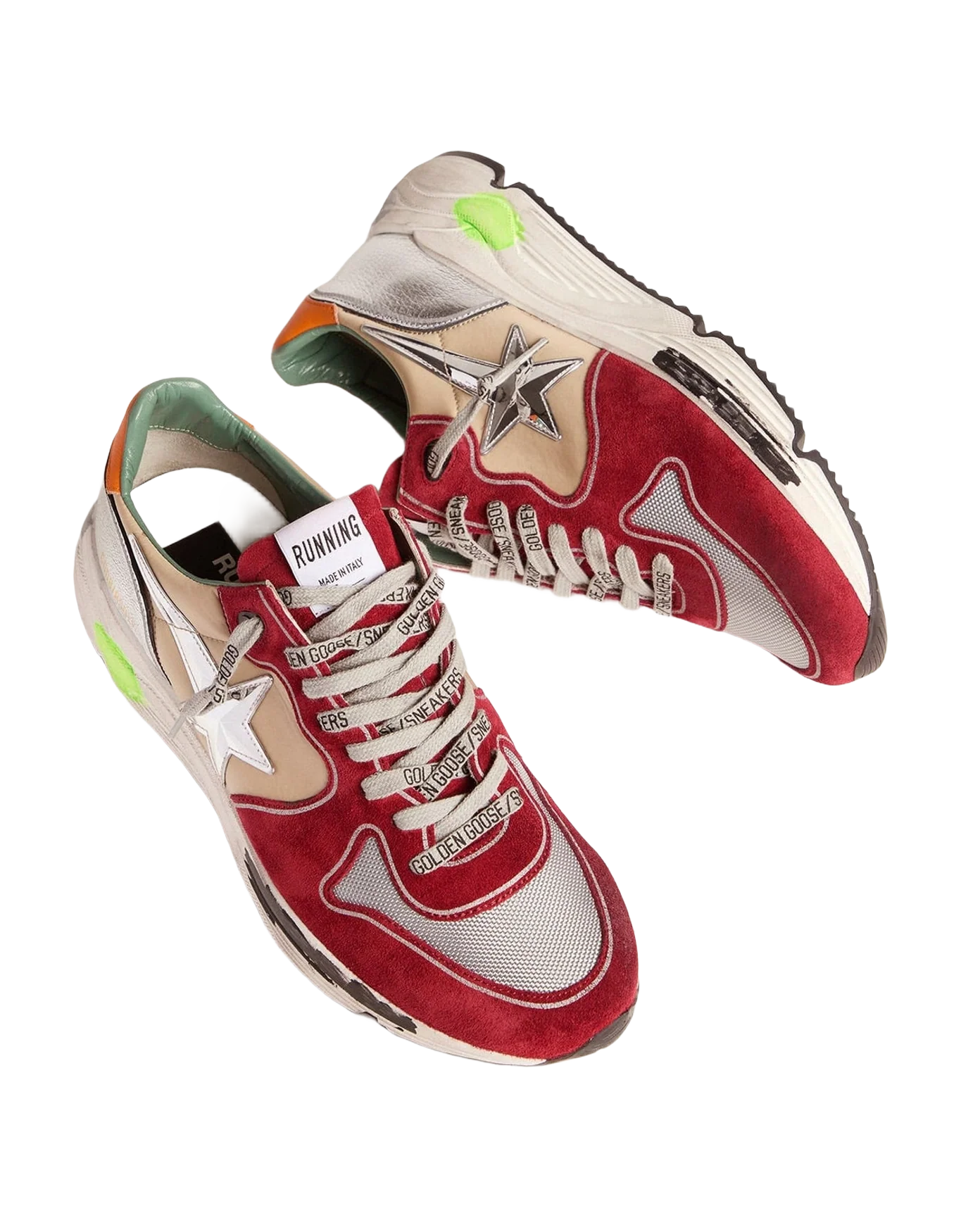 Men | Running Sole Sneakers with 3D Star & Orange Heel Tab | Dark Red x Silver x Beige x Titan