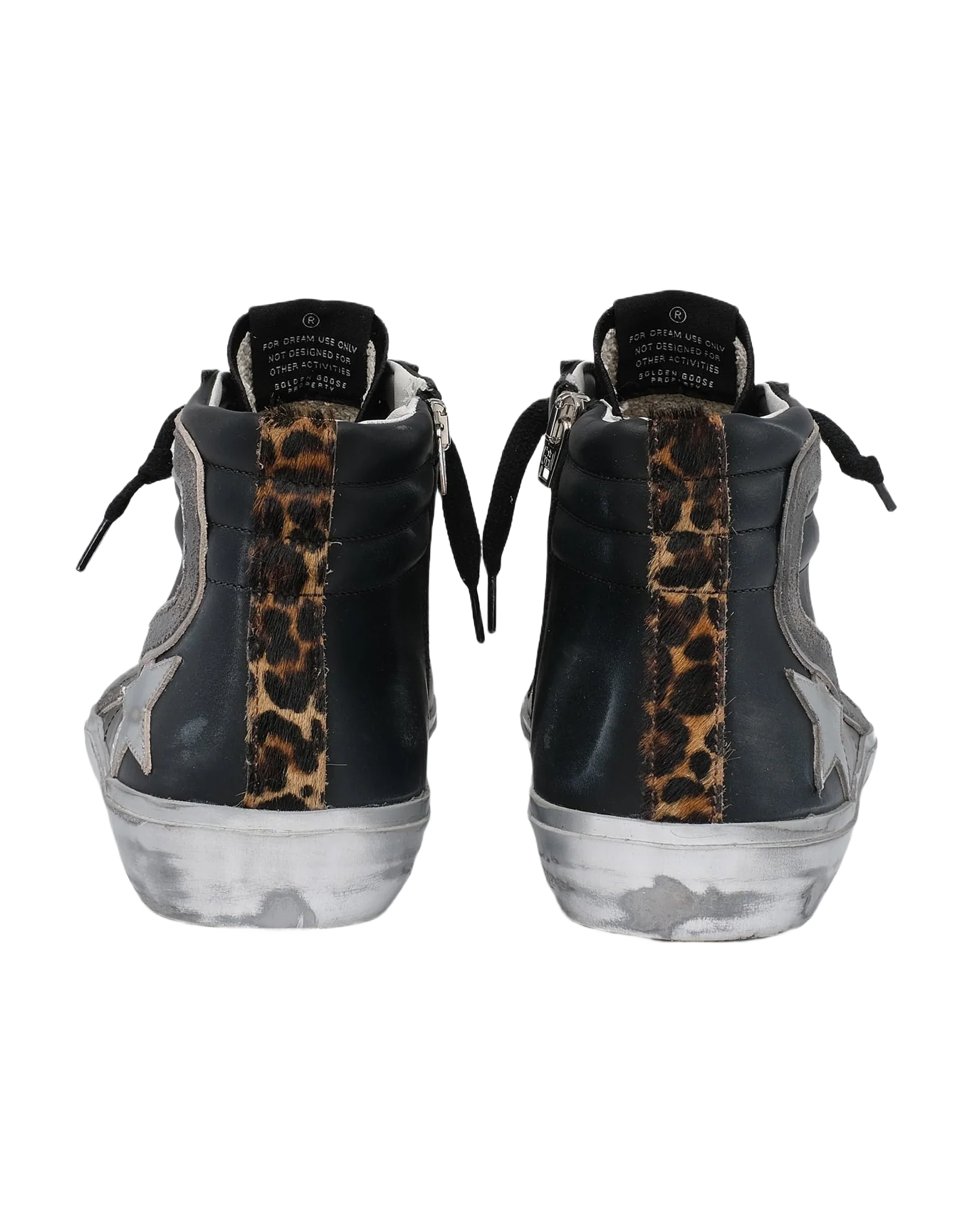 Men | Slide Sneakers Black Leather with Leopard-Print Pony Skin Heel Tab | Black x Silver x Beige Brown Leo - Image 3