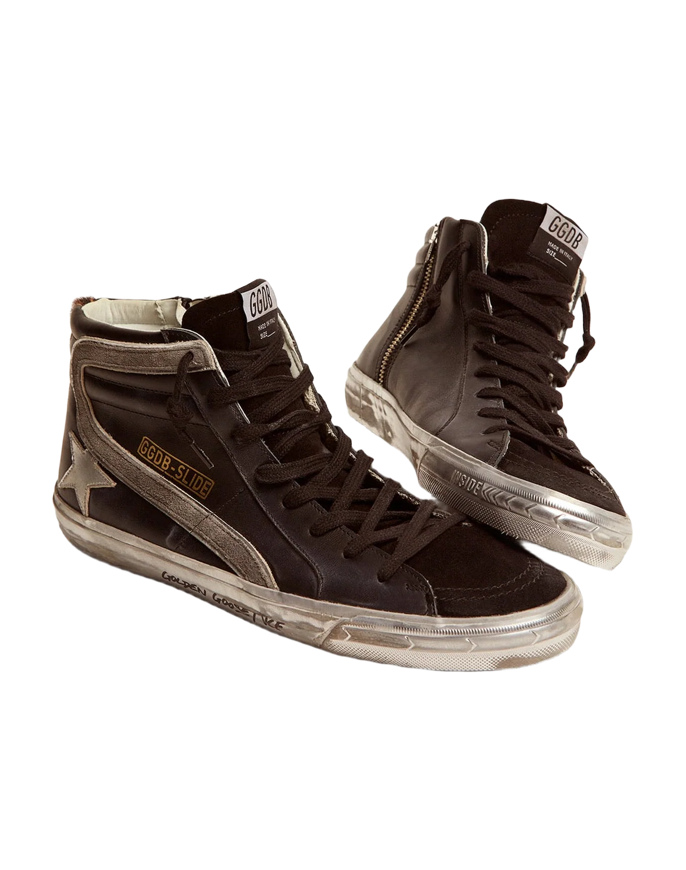 Men | Slide Sneakers Black Leather with Leopard-Print Pony Skin Heel Tab | Black x Silver x Beige Brown Leo - Image 4