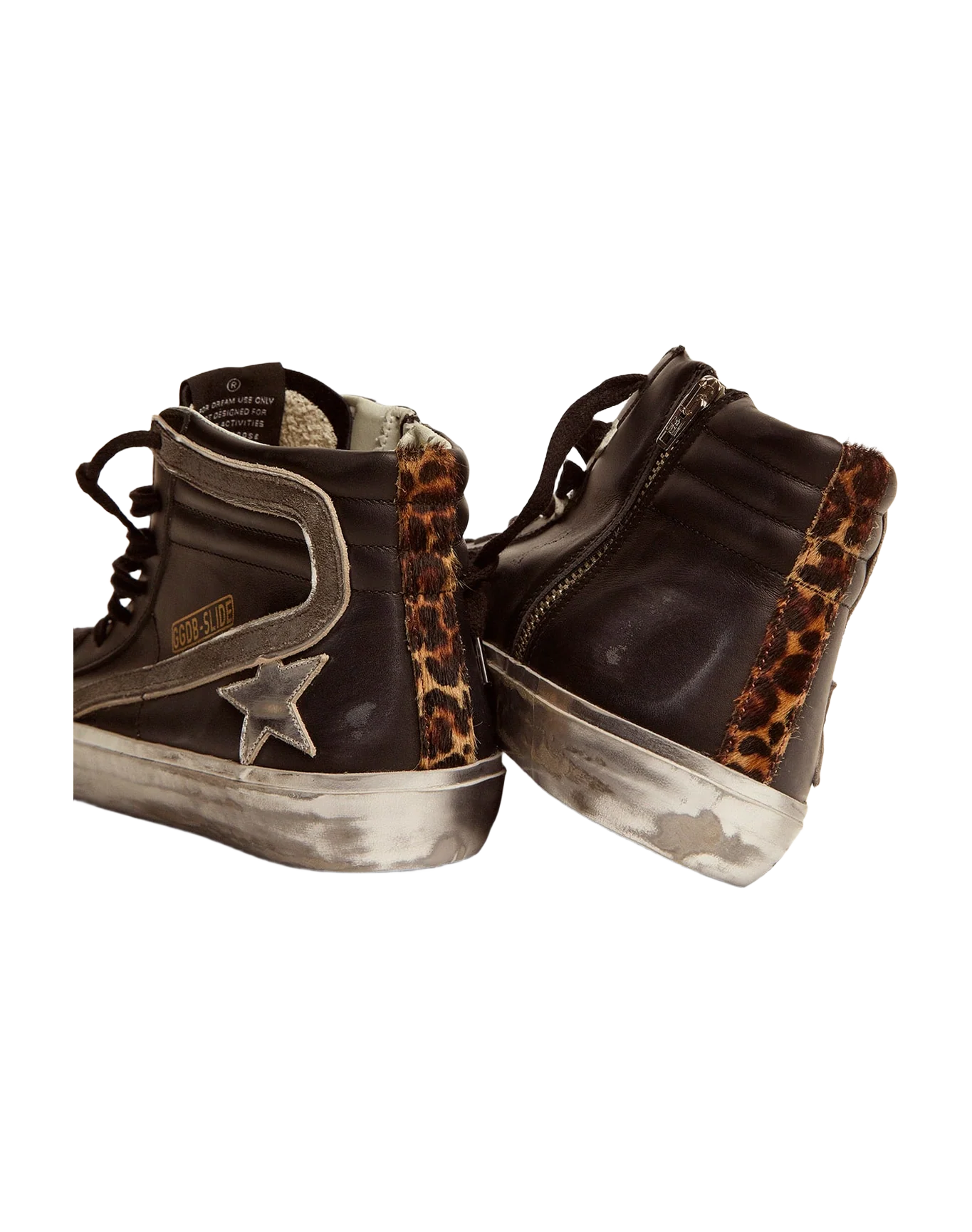 Men | Slide Sneakers Black Leather with Leopard-Print Pony Skin Heel Tab | Black x Silver x Beige Brown Leo - Image 5