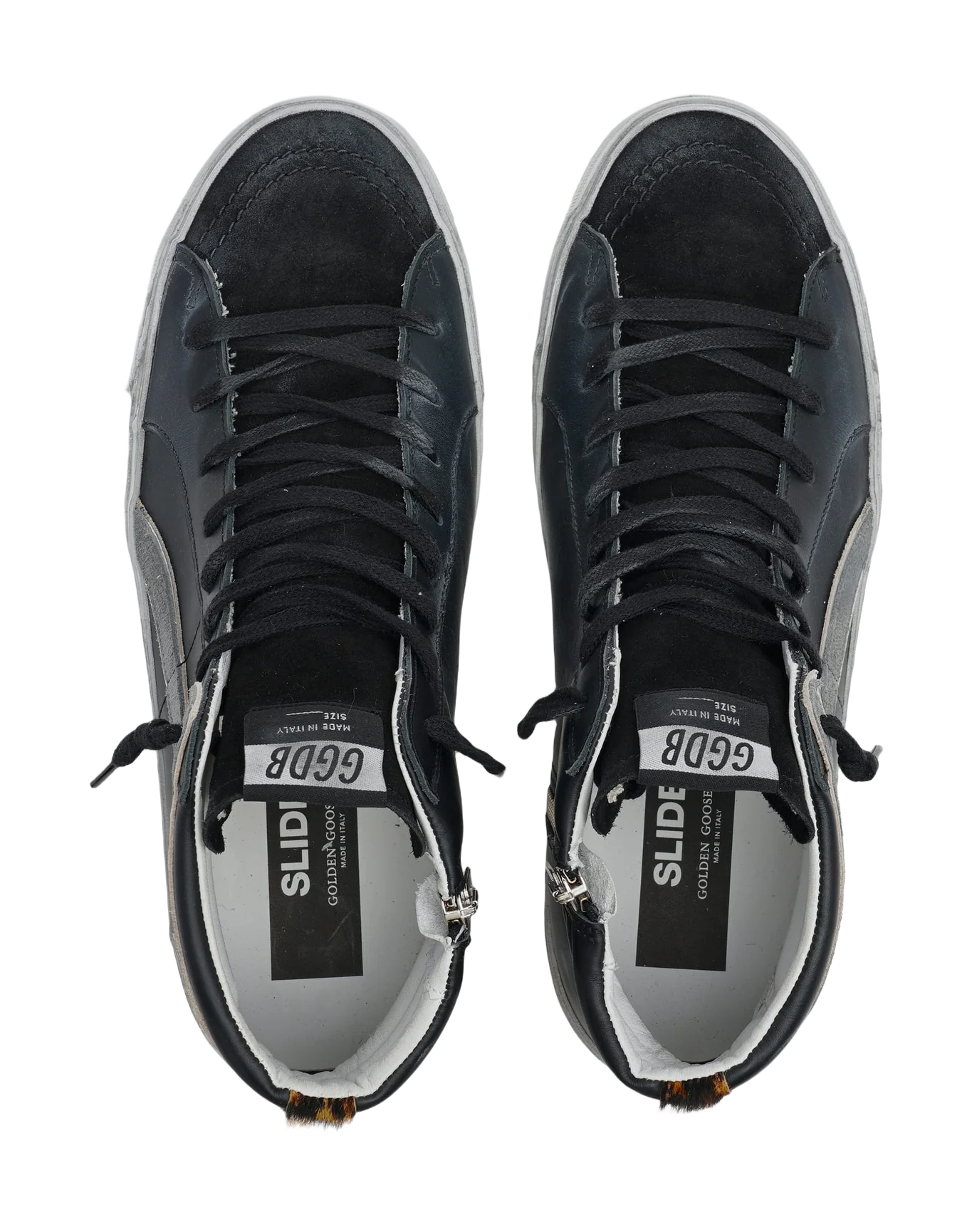 Men | Slide Sneakers Black Leather with Leopard-Print Pony Skin Heel Tab | Black x Silver x Beige Brown Leo - Image 7