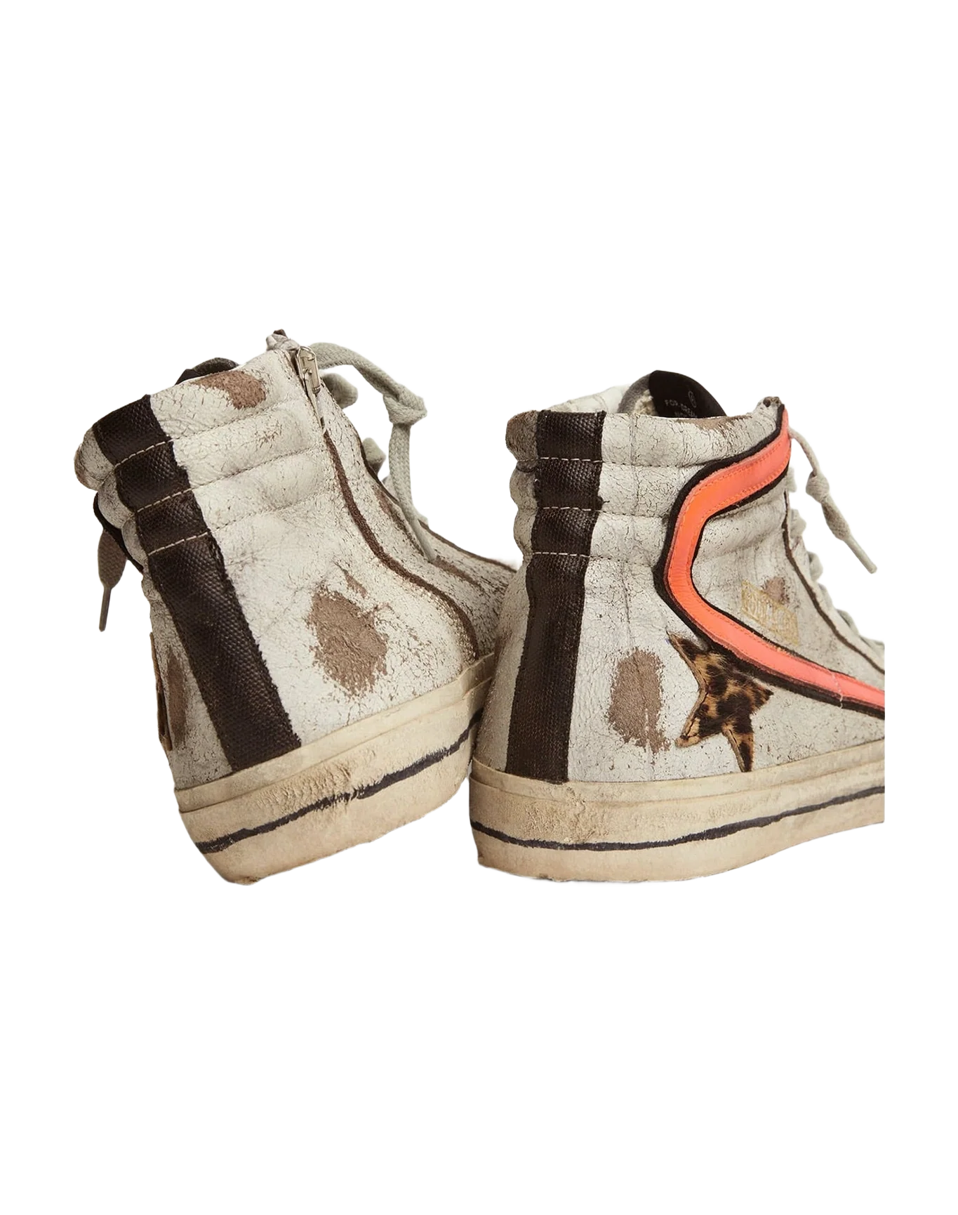 Men | Slide Sneakers Crackled Suede with Leopard-Print Pony Skin Star | White x Beige Brown Leo x Dark Grey x Orange Fluo