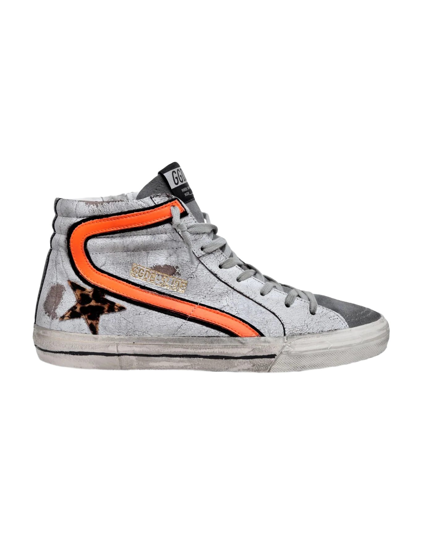 Men | Slide Sneakers Crackled Suede with Leopard-Print Pony Skin Star | White x Beige Brown Leo x Dark Grey x Orange Fluo - Image 2