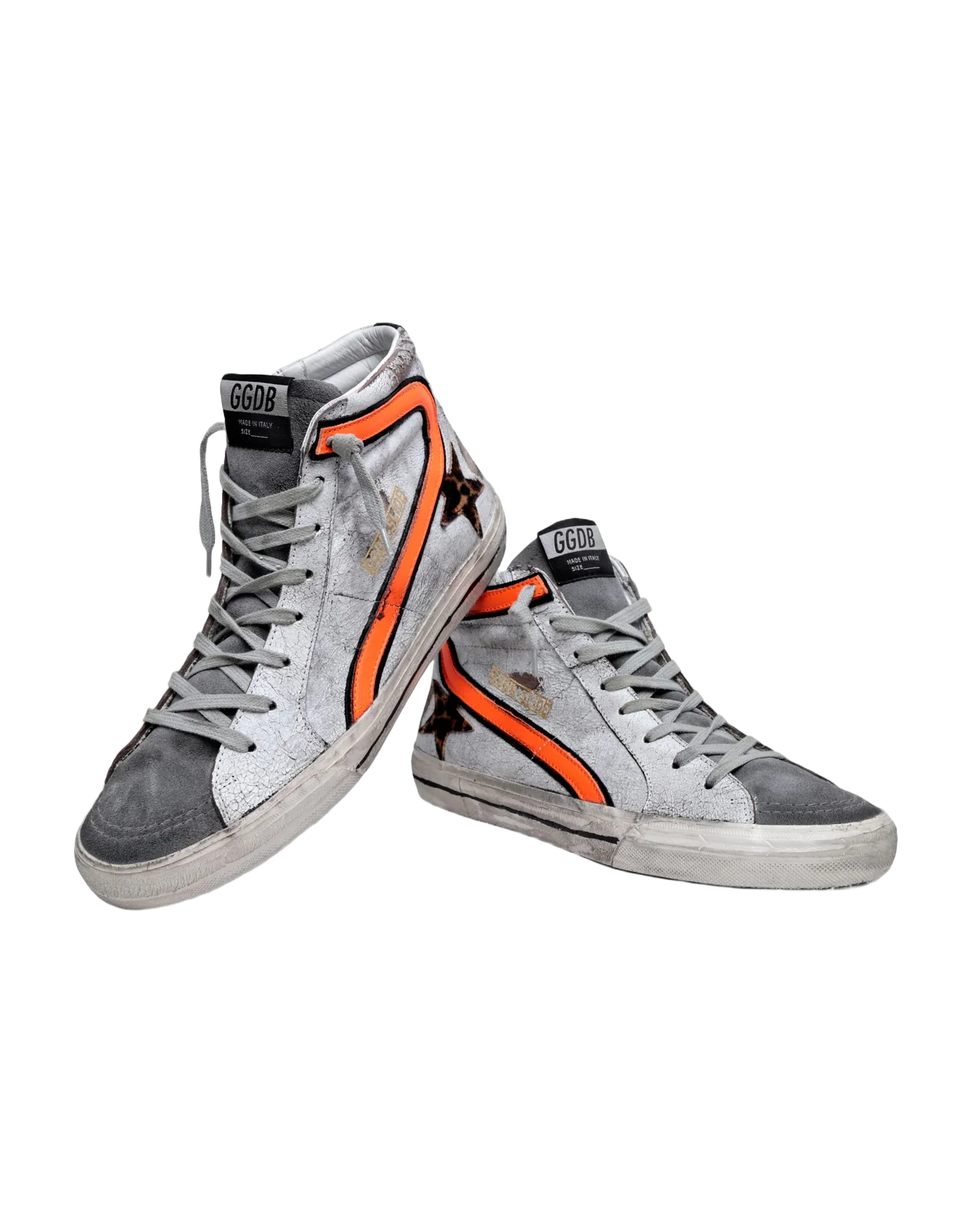 Men | Slide Sneakers Crackled Suede with Leopard-Print Pony Skin Star | White x Beige Brown Leo x Dark Grey x Orange Fluo - Image 4