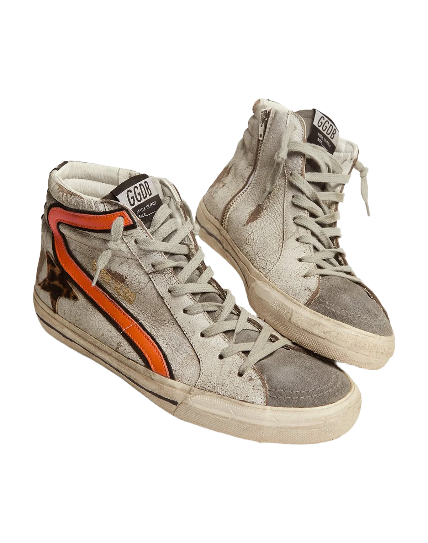 Men | Slide Sneakers Crackled Suede with Leopard-Print Pony Skin Star | White x Beige Brown Leo x Dark Grey x Orange Fluo - Image 6
