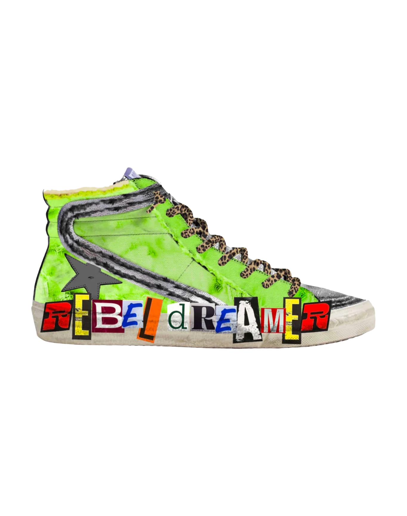 Men | Slide Sneakers Fluorescent Yellow Canvas with Black Star | Neon Yellow x Ice x Silver x Black - Image 2