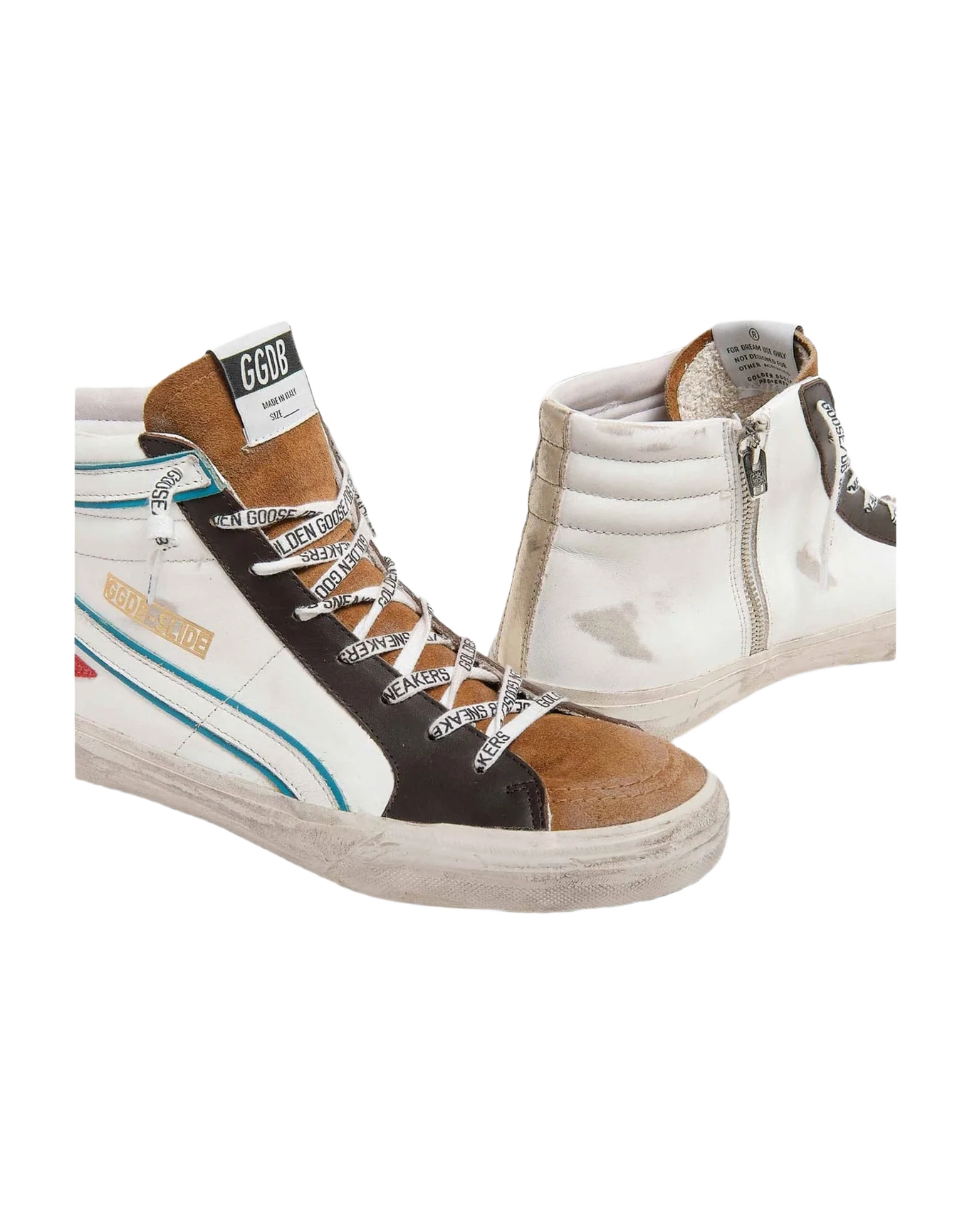 Men | Slide Sneakers White Leather with Suede Tongue & Red Star | White x Elk Brown x Ruby x Platinum