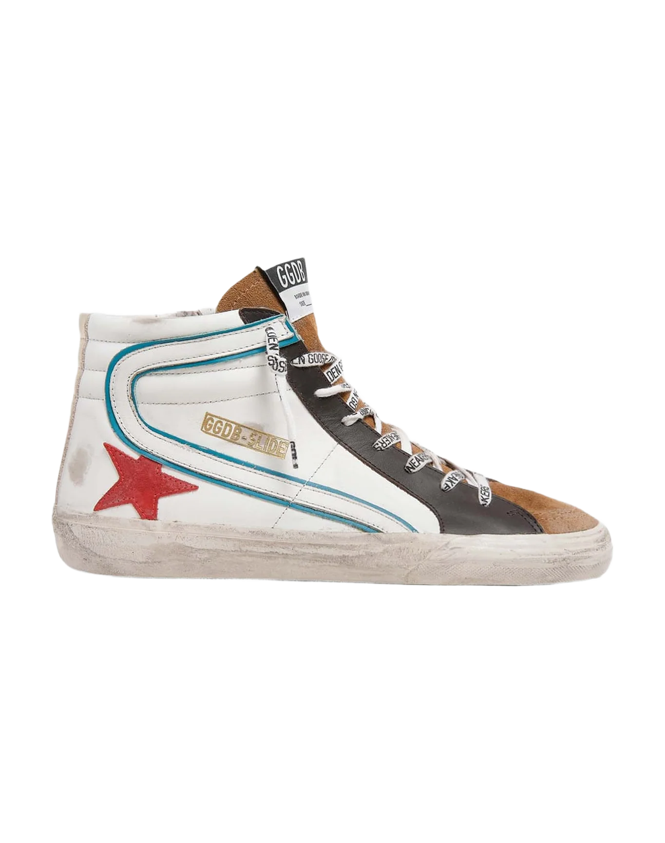 Men | Slide Sneakers White Leather with Suede Tongue & Red Star | White x Elk Brown x Ruby x Platinum - Image 4