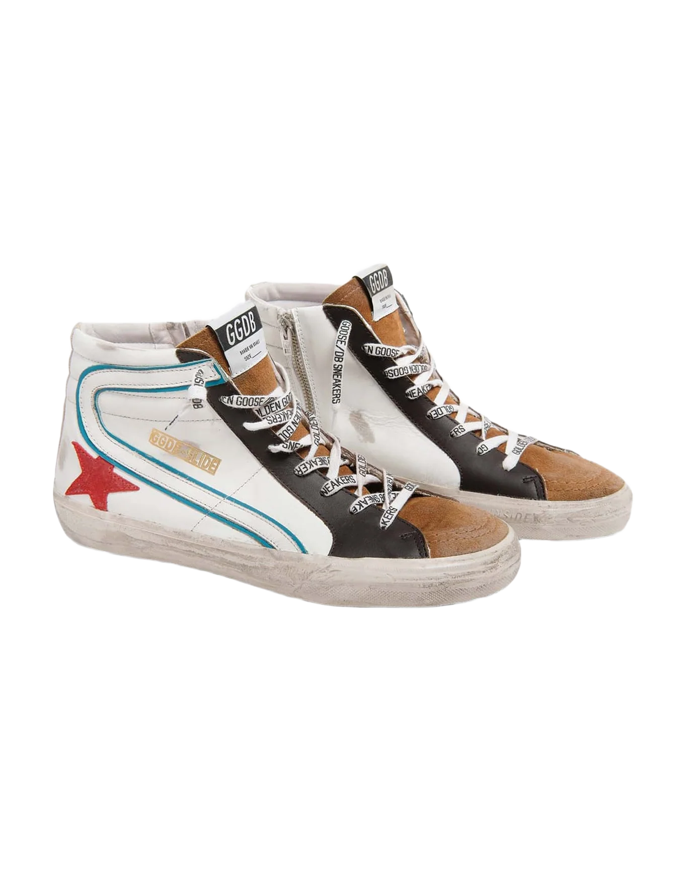Men | Slide Sneakers White Leather with Suede Tongue & Red Star | White x Elk Brown x Ruby x Platinum - Image 5