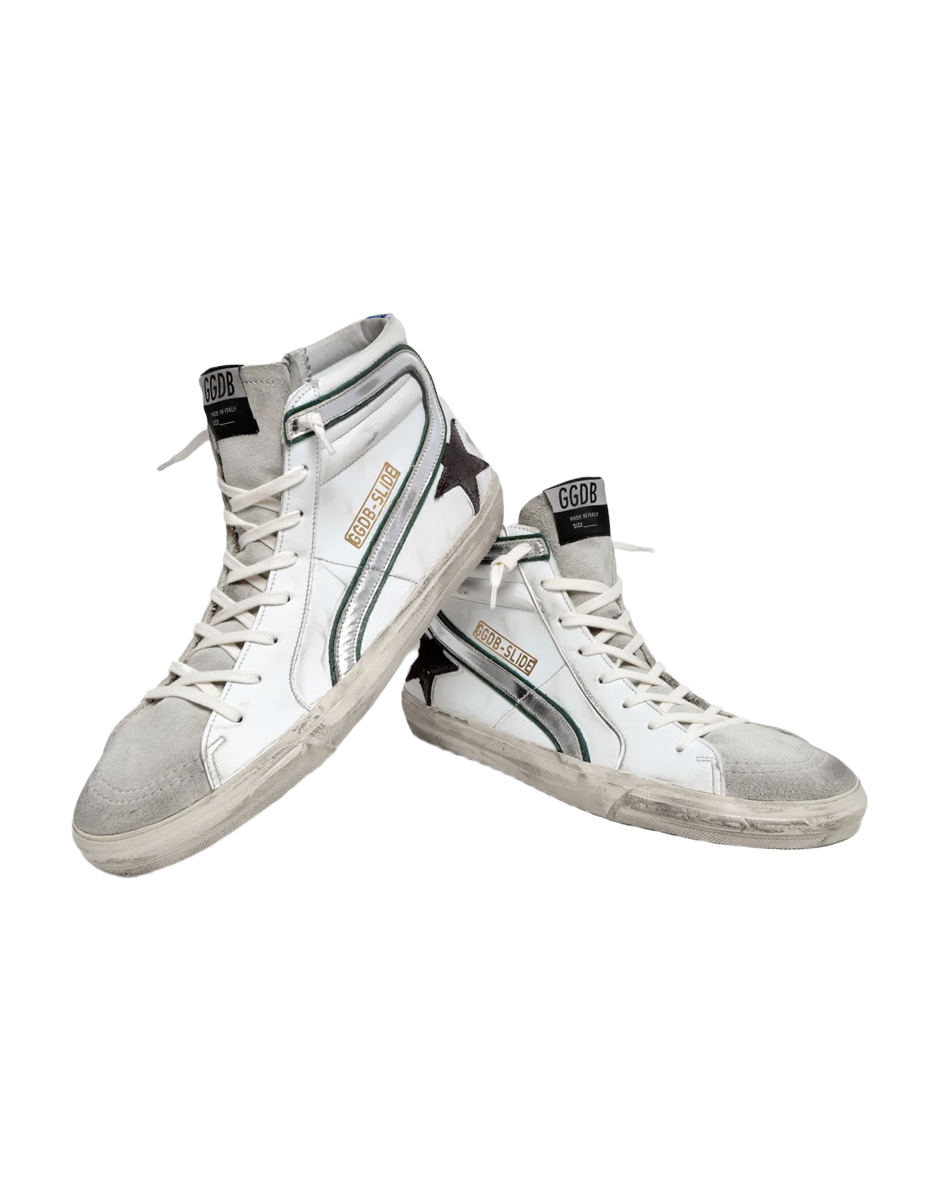 Men | Slide White Leather with Black Star & Silver Detail | White x Black x Silver x Bluette - Image 2