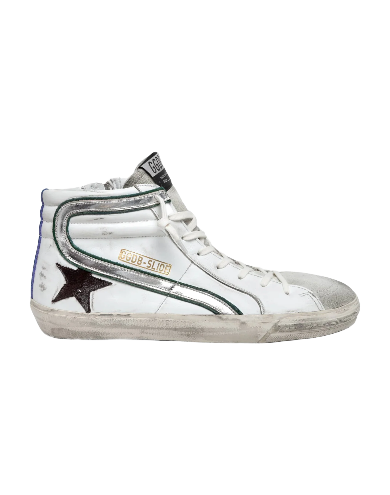 Men | Slide White Leather with Black Star & Silver Detail | White x Black x Silver x Bluette - Image 4