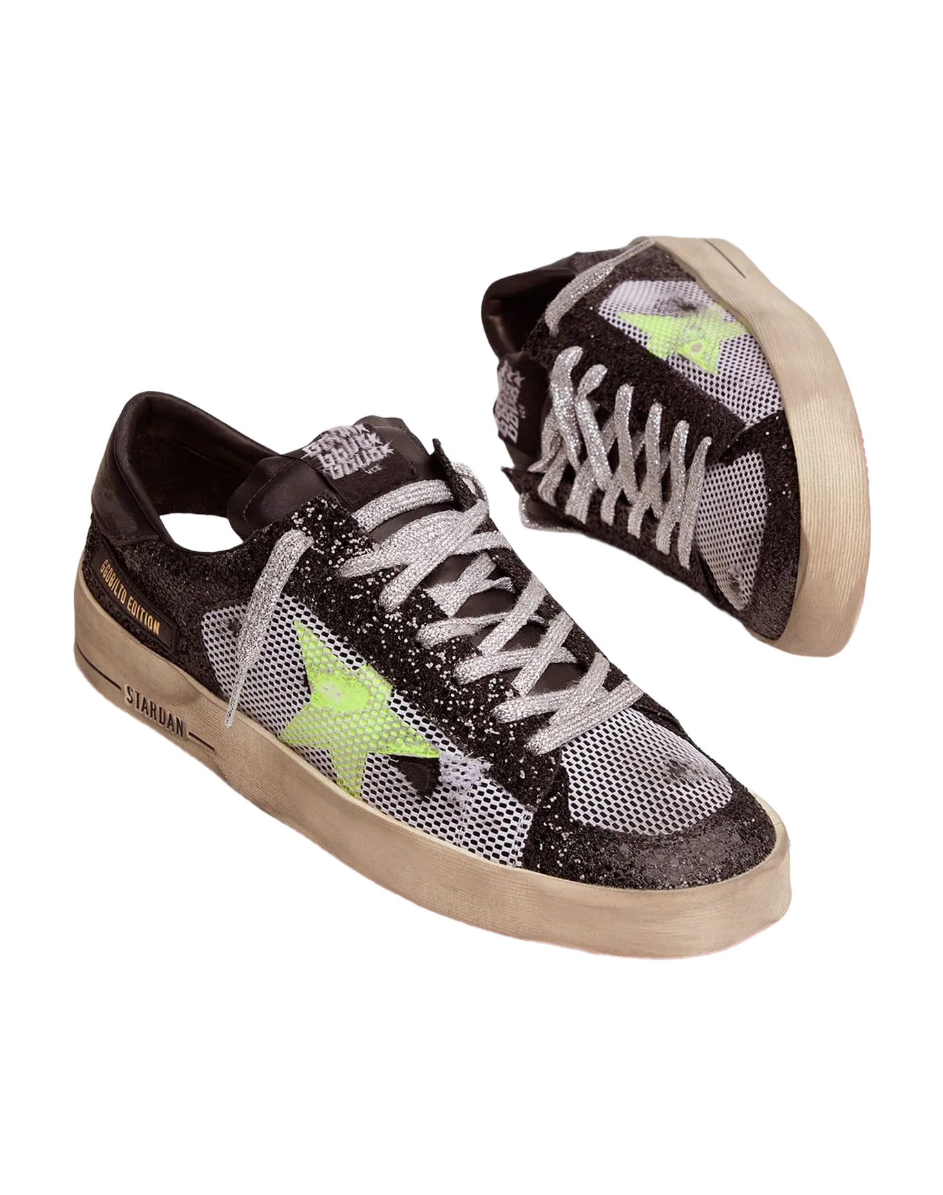 Men | Stardan Sneakers with Glittery Upper, Fluorescent Star & Mesh Inserts | Black x Yellow Fluo - Image 2