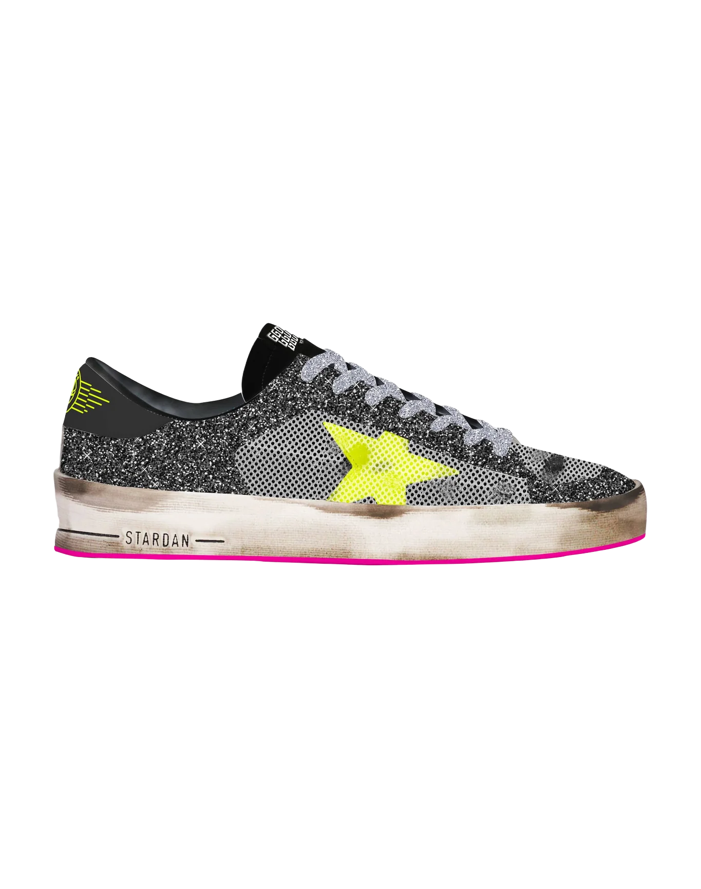 Men | Stardan Sneakers with Glittery Upper, Fluorescent Star & Mesh Inserts | Black x Yellow Fluo - Image 3