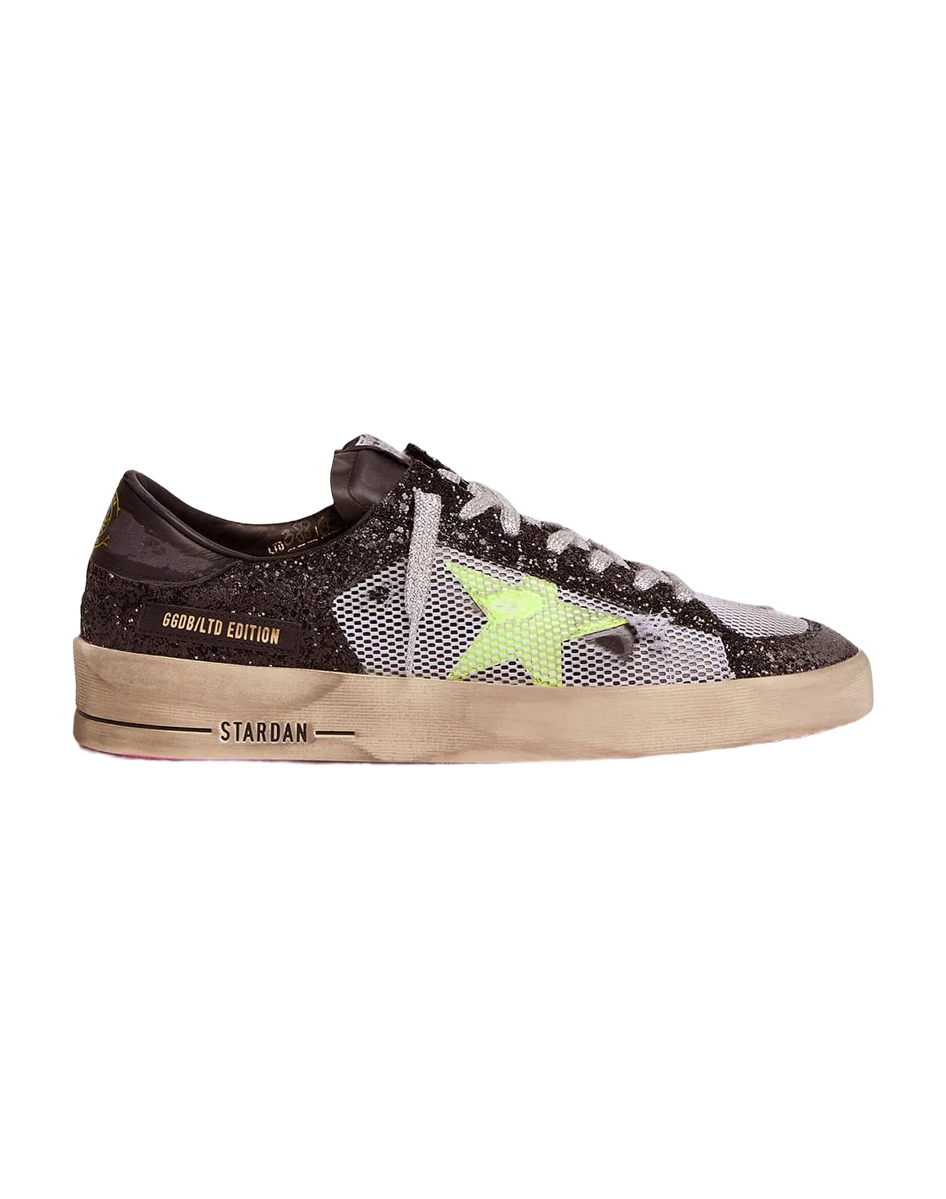 Men | Stardan Sneakers with Glittery Upper, Fluorescent Star & Mesh Inserts | Black x Yellow Fluo - Image 4