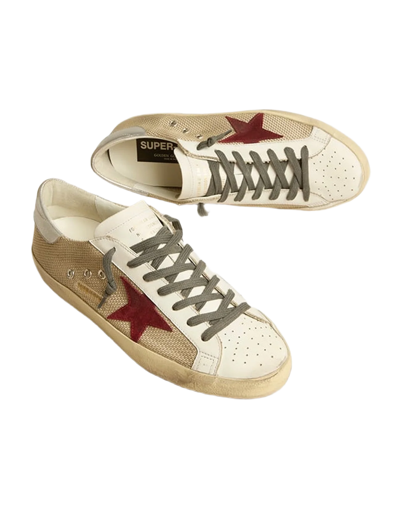 Men | Super-Star Beige Mesh with A Red Suede Star & Silver Heel Tab | Beige x White x Dark Red x Silver