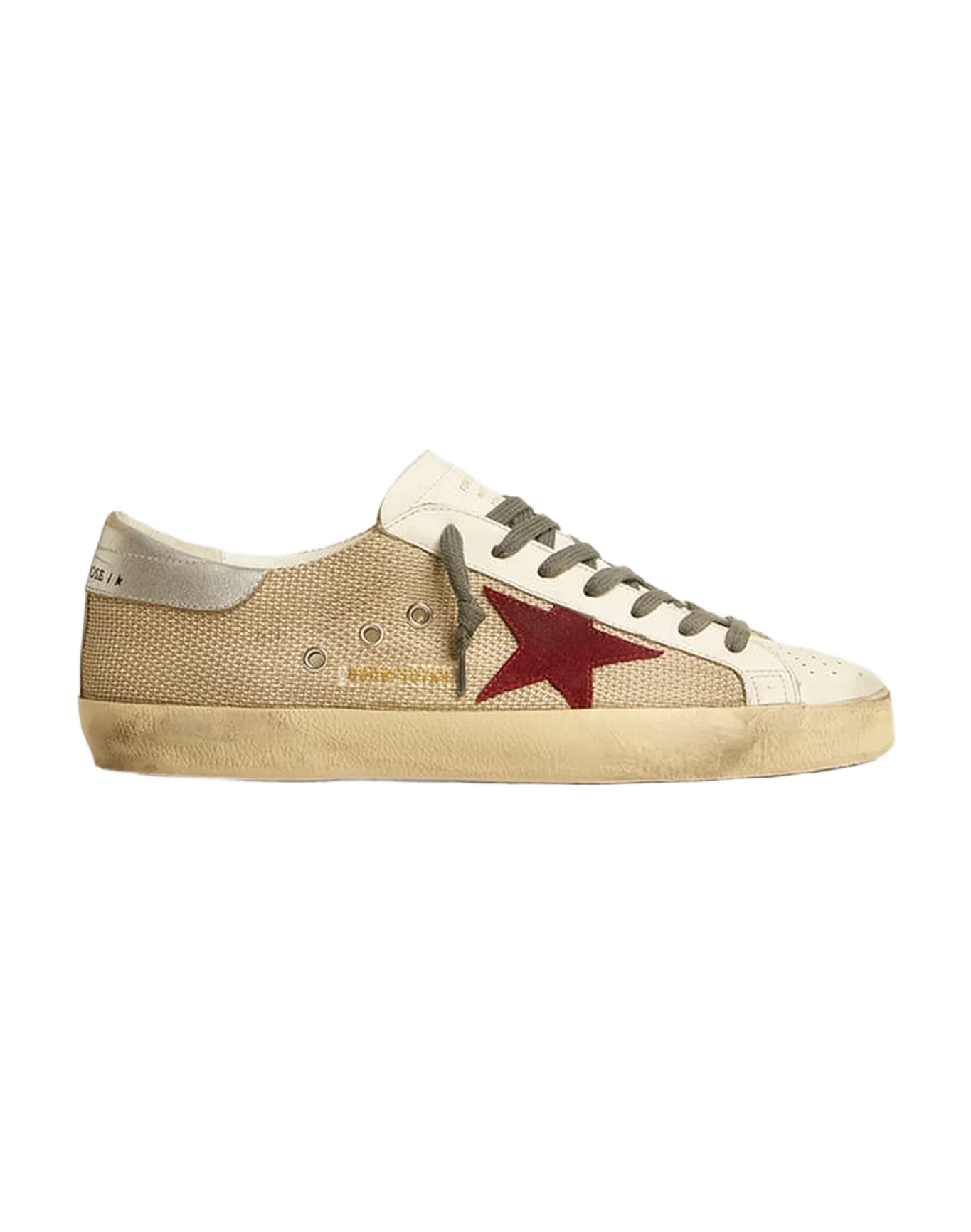 Men | Super-Star Beige Mesh with A Red Suede Star & Silver Heel Tab | Beige x White x Dark Red x Silver - Image 4