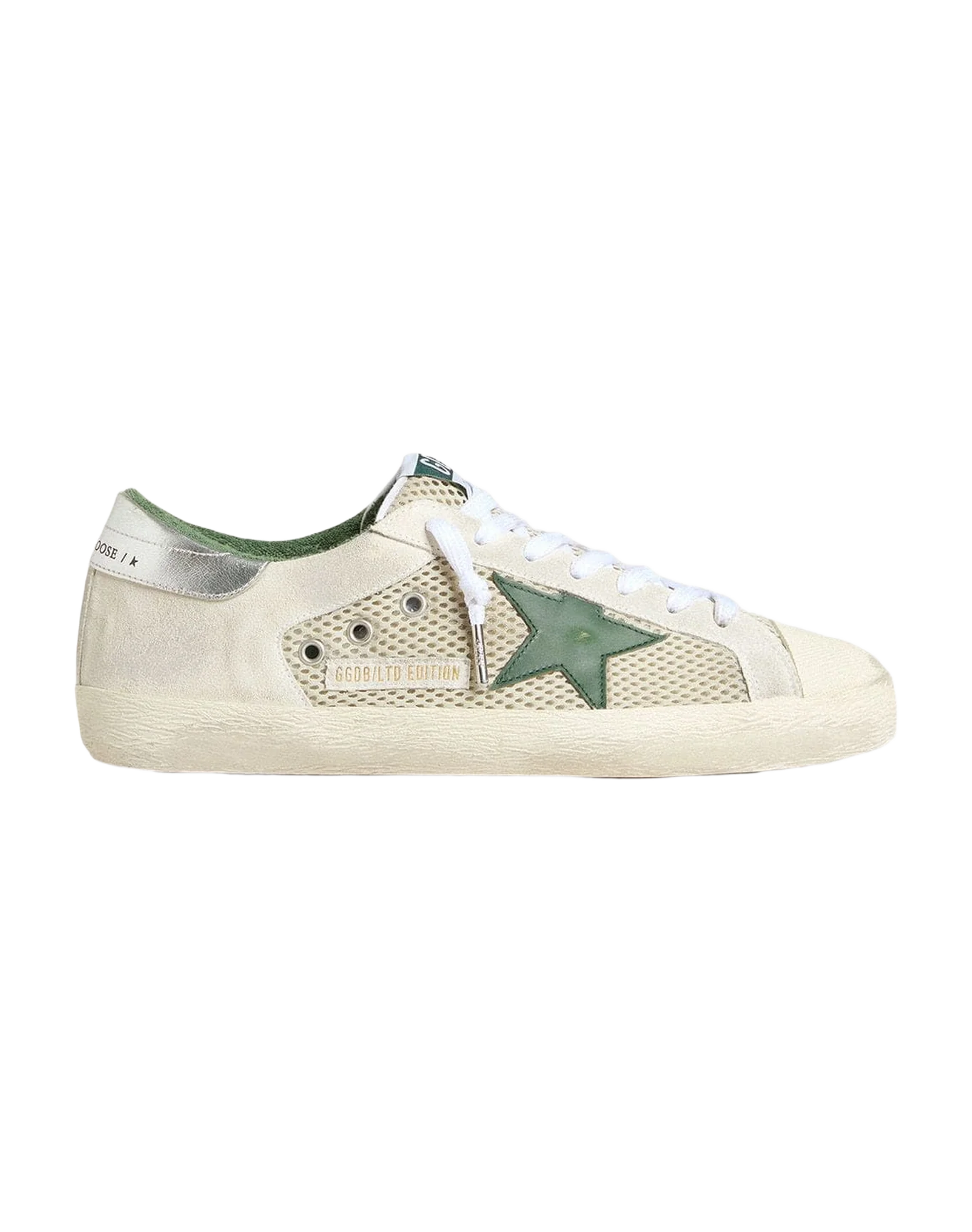 Men | Super-Star Ltd White Suede & Mesh with Green Leather Star & Silver Heel Tab | White x Green x Silver - Image 4