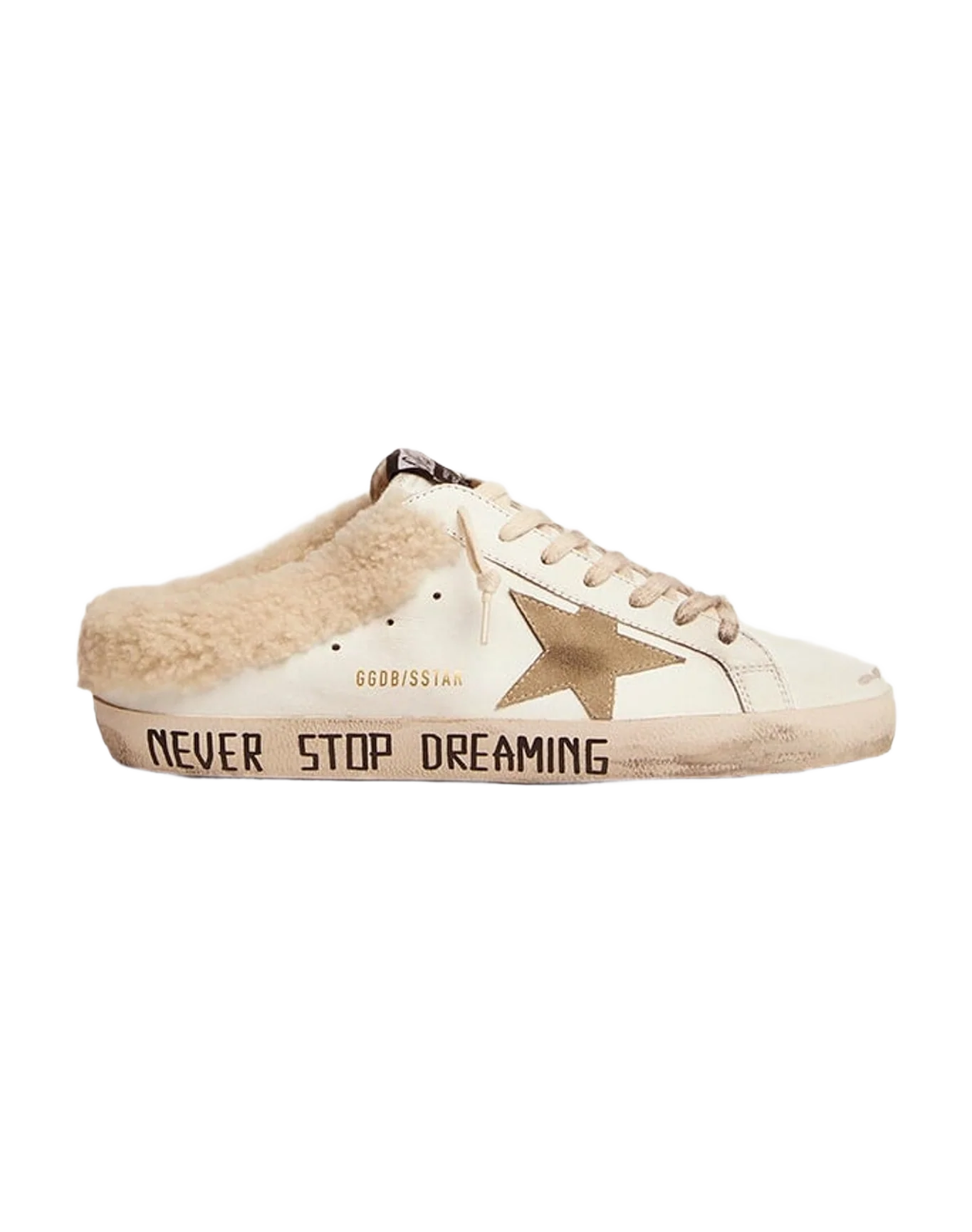 Men | Super-Star Sabot Sneakers White Leather with Beige Suede Star & Internal Shearling | White x Taupe