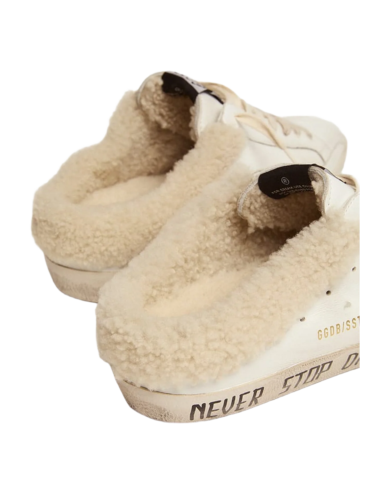 Men | Super-Star Sabot Sneakers White Leather with Beige Suede Star & Internal Shearling | White x Taupe - Image 2
