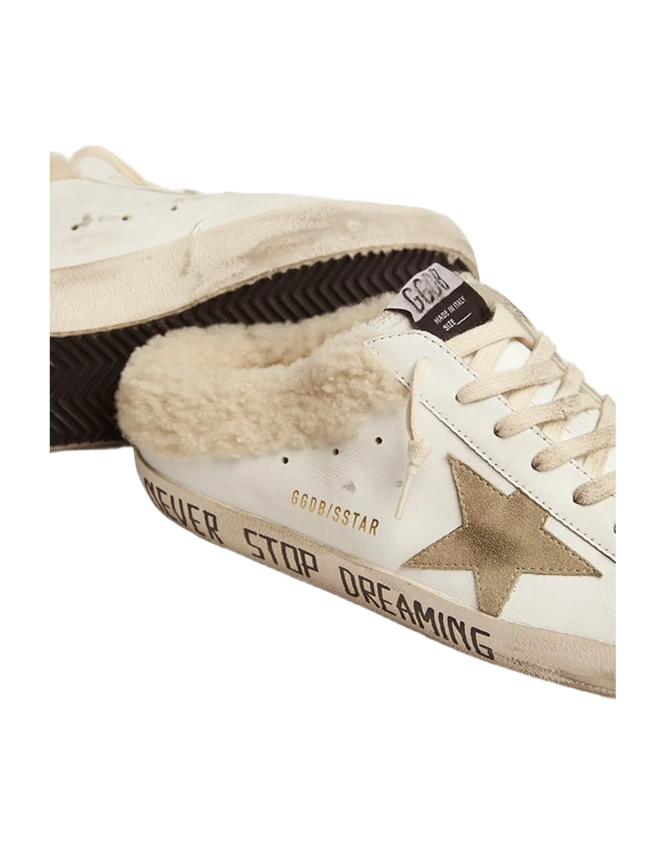 Men | Super-Star Sabot Sneakers White Leather with Beige Suede Star & Internal Shearling | White x Taupe - Image 4