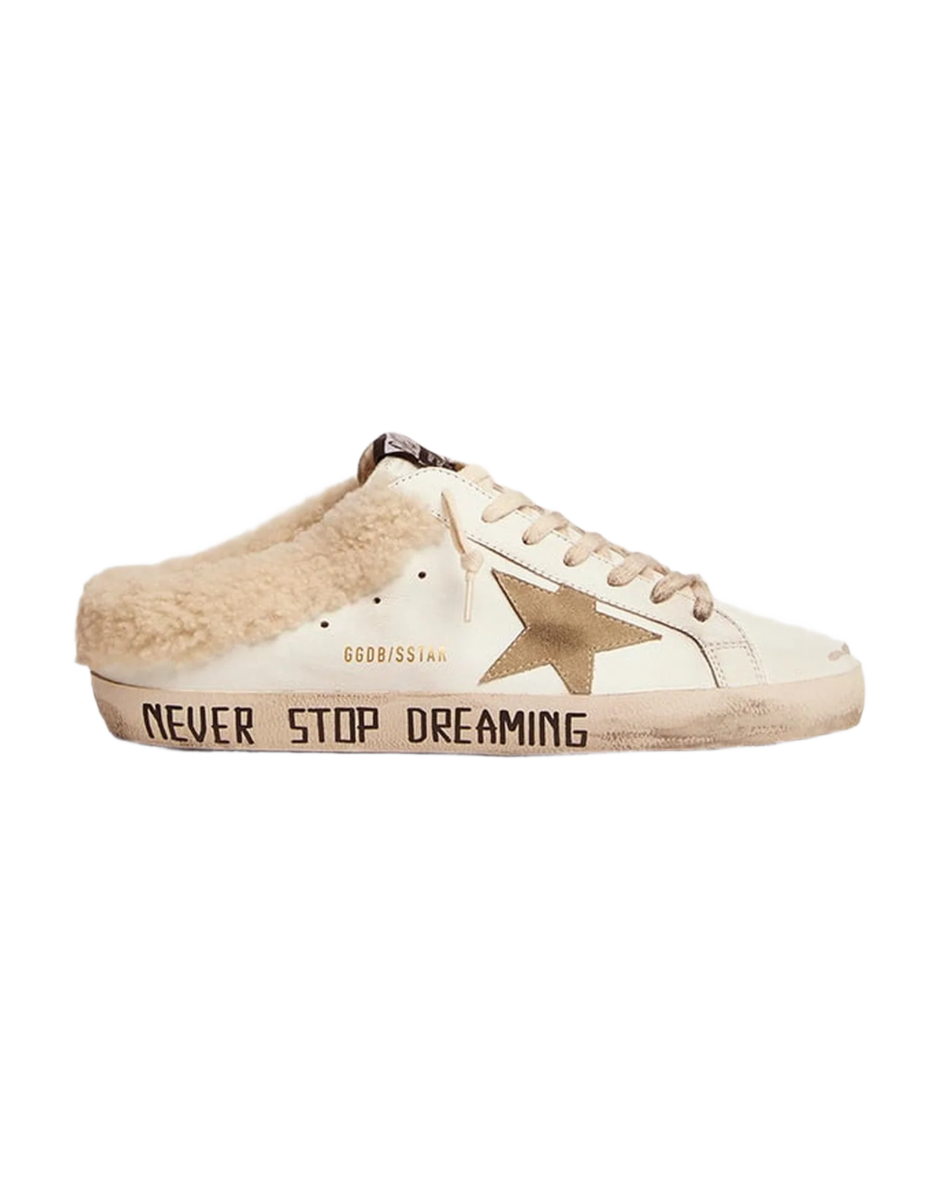 Men | Super-Star Sabot Sneakers White Leather with Beige Suede Star & Internal Shearling | White x Taupe - Image 6