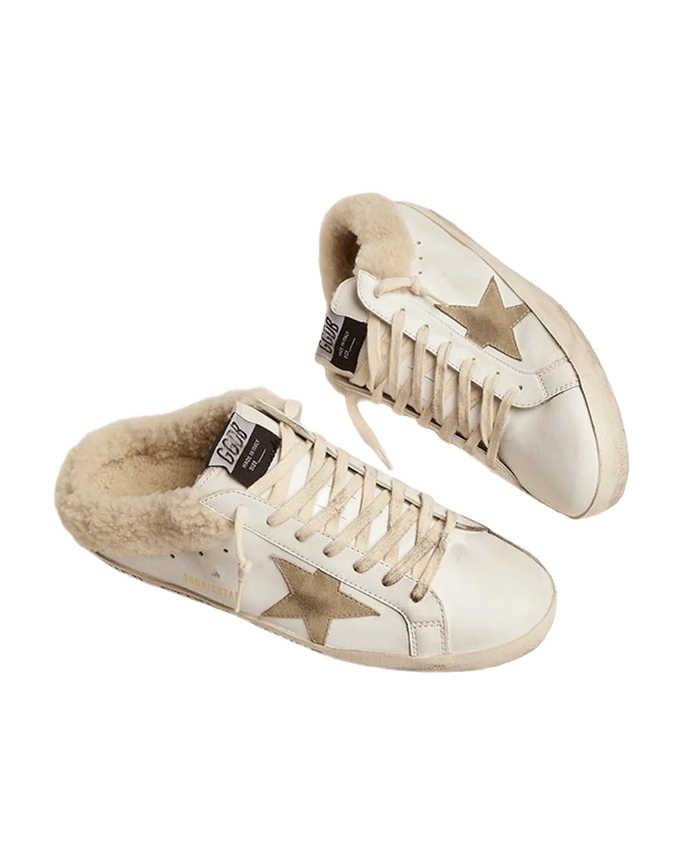 Men | Super-Star Sabot Sneakers White Leather with Beige Suede Star & Internal Shearling | White x Taupe - Image 8