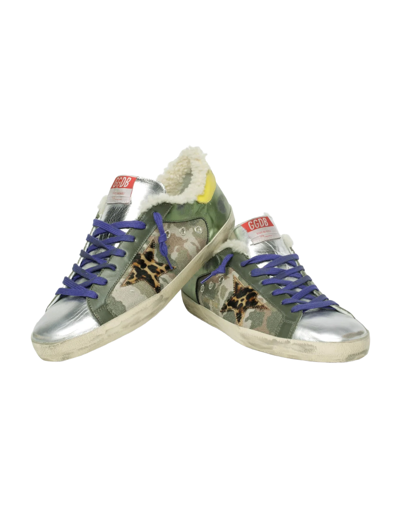 Men | Super-Star Sneakers Platinum Laminated Leather with Black Print | Green Camouflage x Military Green x Silver x Beige Brown Leo x Yellow Sun - Image 2