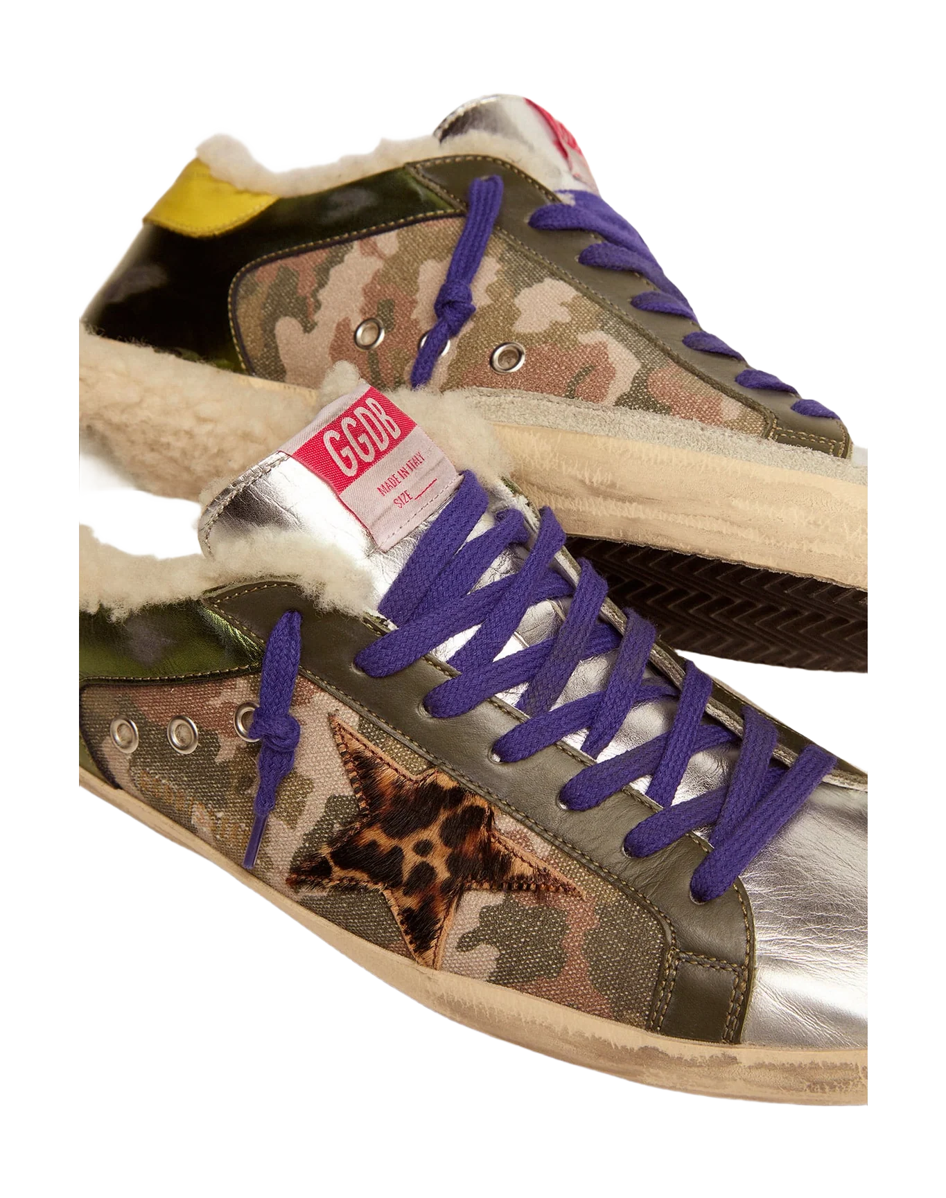 Men | Super-Star Sneakers Platinum Laminated Leather with Black Print | Green Camouflage x Military Green x Silver x Beige Brown Leo x Yellow Sun - Image 9