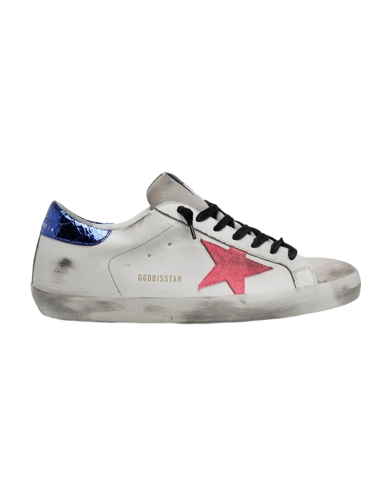 Men | Super-Star Sneakers White Leather with Pink Suede Star & Crack Laminated Heel Tab | White x Fuchsia Fluo x Bluette