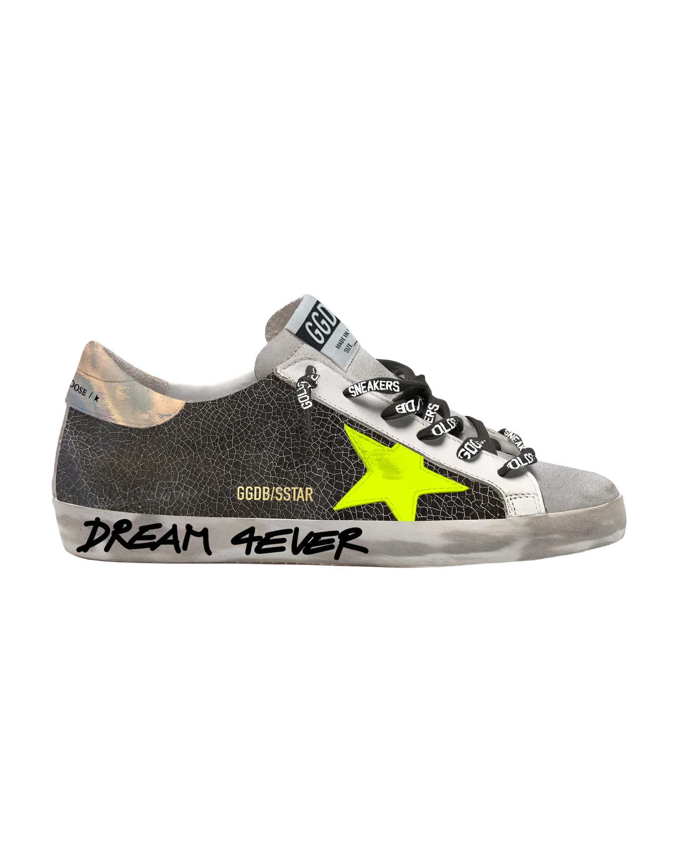 Men | Super-Star Sneakers with Handwritten Lettering & Fluorescent Yellow Star | Black x Ice x Yellow Fluo x Silver - Image 2