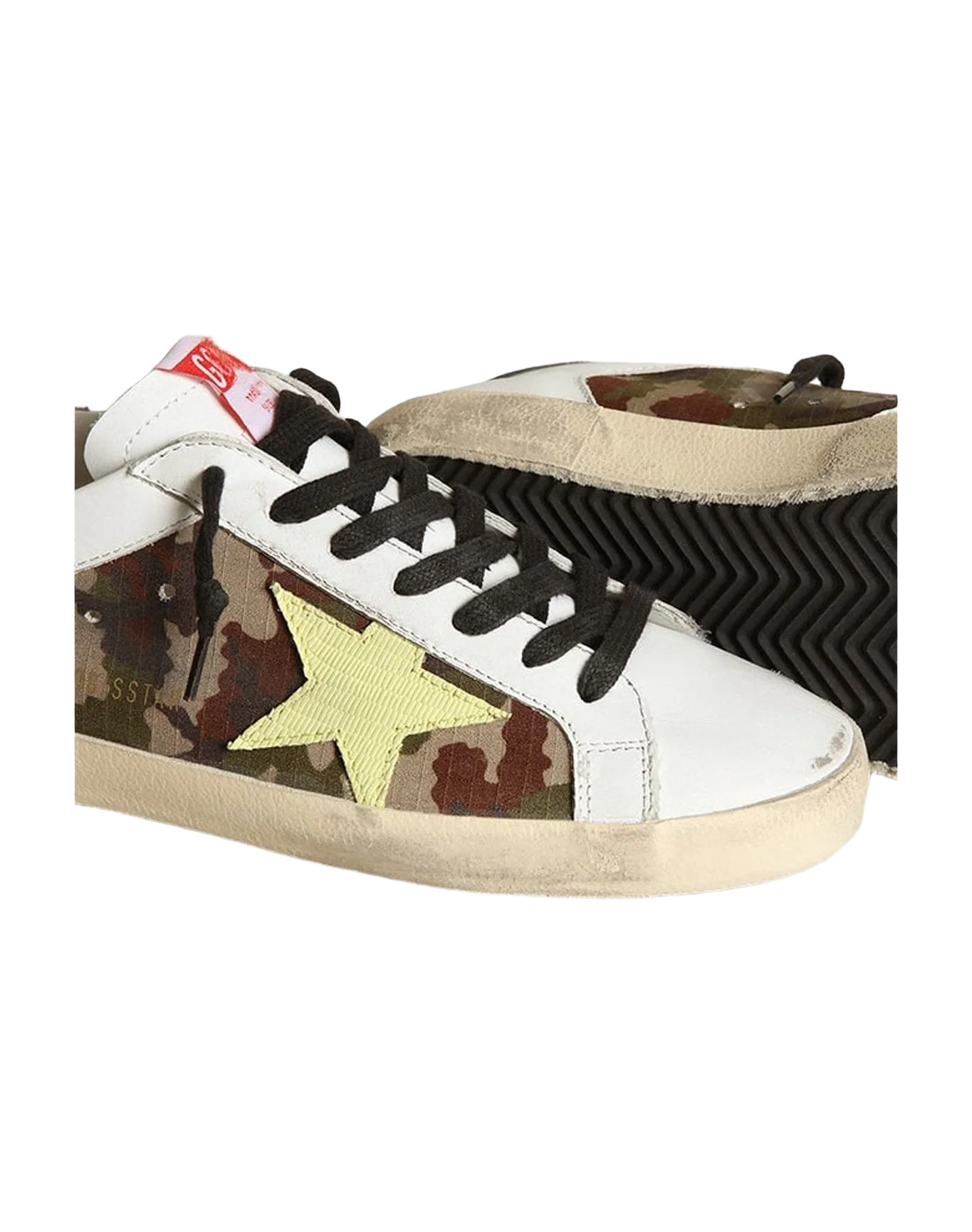 Men | Super-Star White Leather & Green Camouflage with Light Green Star & Grey Heel | Green Camouflage x White x Light Green x Mud