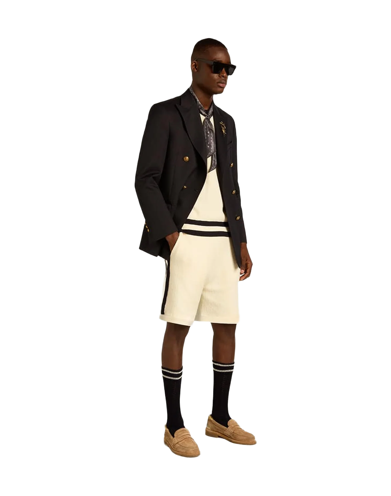 Men | Vintage White Shorts with Blue Rib Knit On The Sides | Antique White x Ink Blue - Image 2