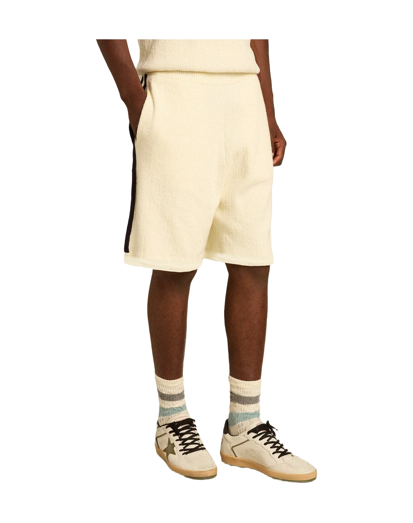 Men | Vintage White Shorts with Blue Rib Knit On The Sides | Antique White x Ink Blue - Image 5