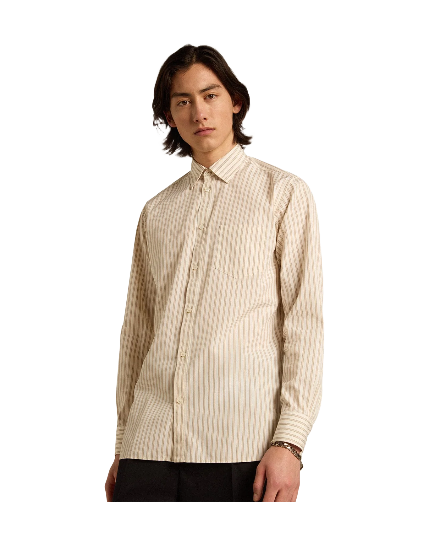 Men | White Cotton Shirt with Beige Stripes | Arctic Wolf x Travertine - Image 2