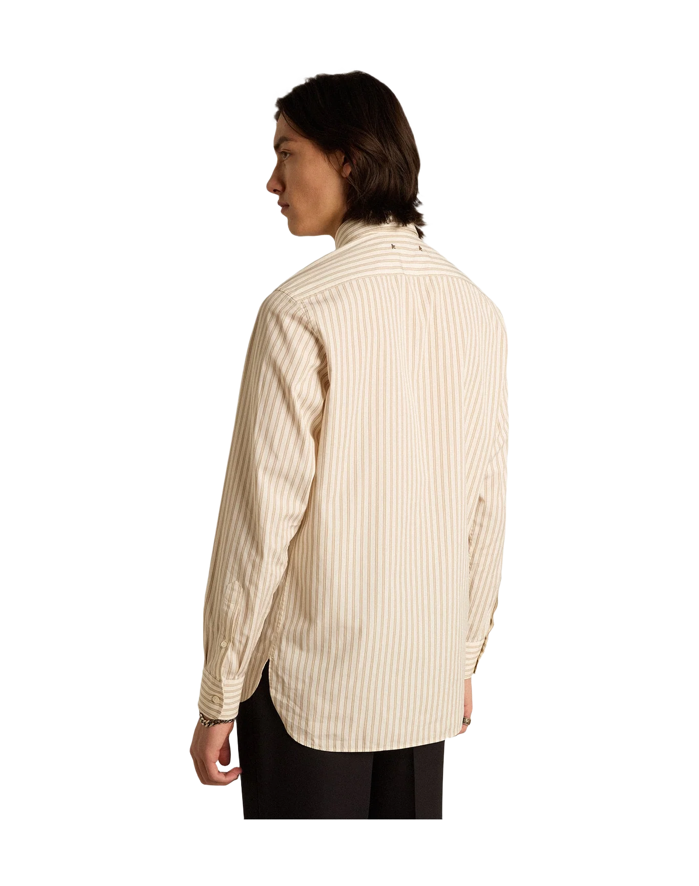 Men | White Cotton Shirt with Beige Stripes | Arctic Wolf x Travertine - Image 9