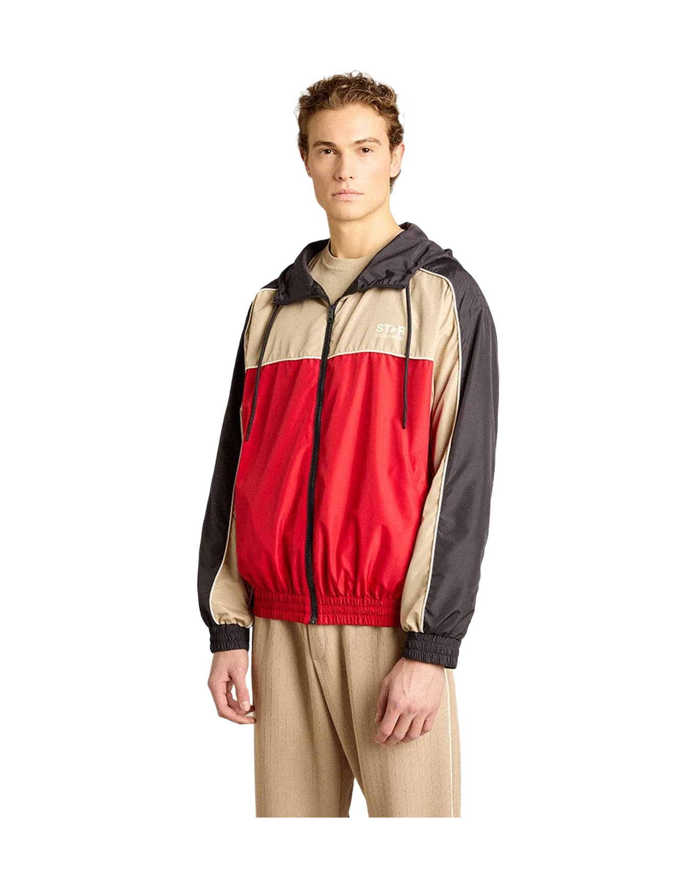 Men | Zipped Windbreaker with Contrast Fabrics Red & Dark Blue | Savvy Red x Dark Blue x Pale Khaki - Image 2