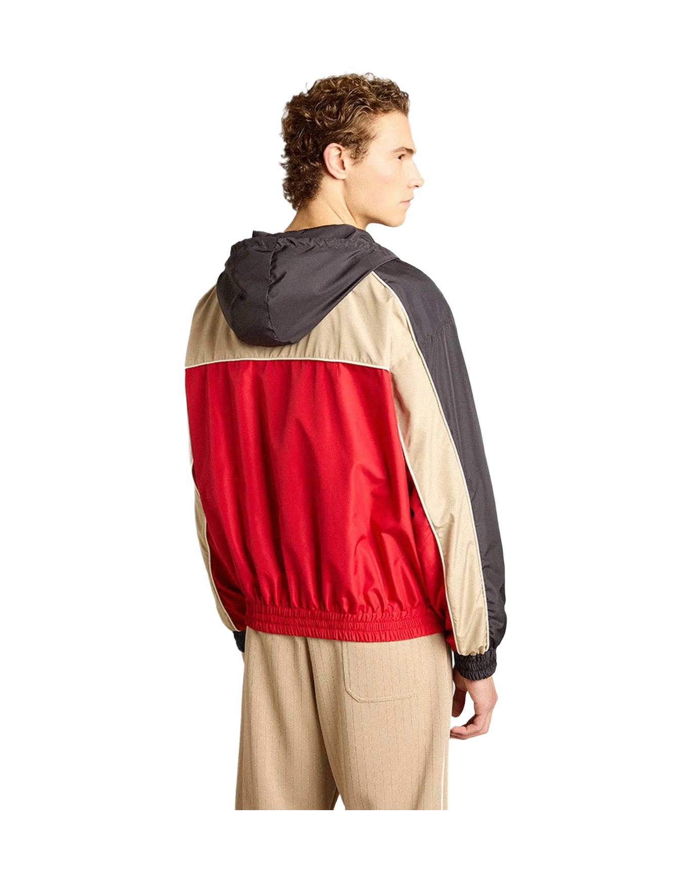 Men | Zipped Windbreaker with Contrast Fabrics Red & Dark Blue | Savvy Red x Dark Blue x Pale Khaki - Image 3