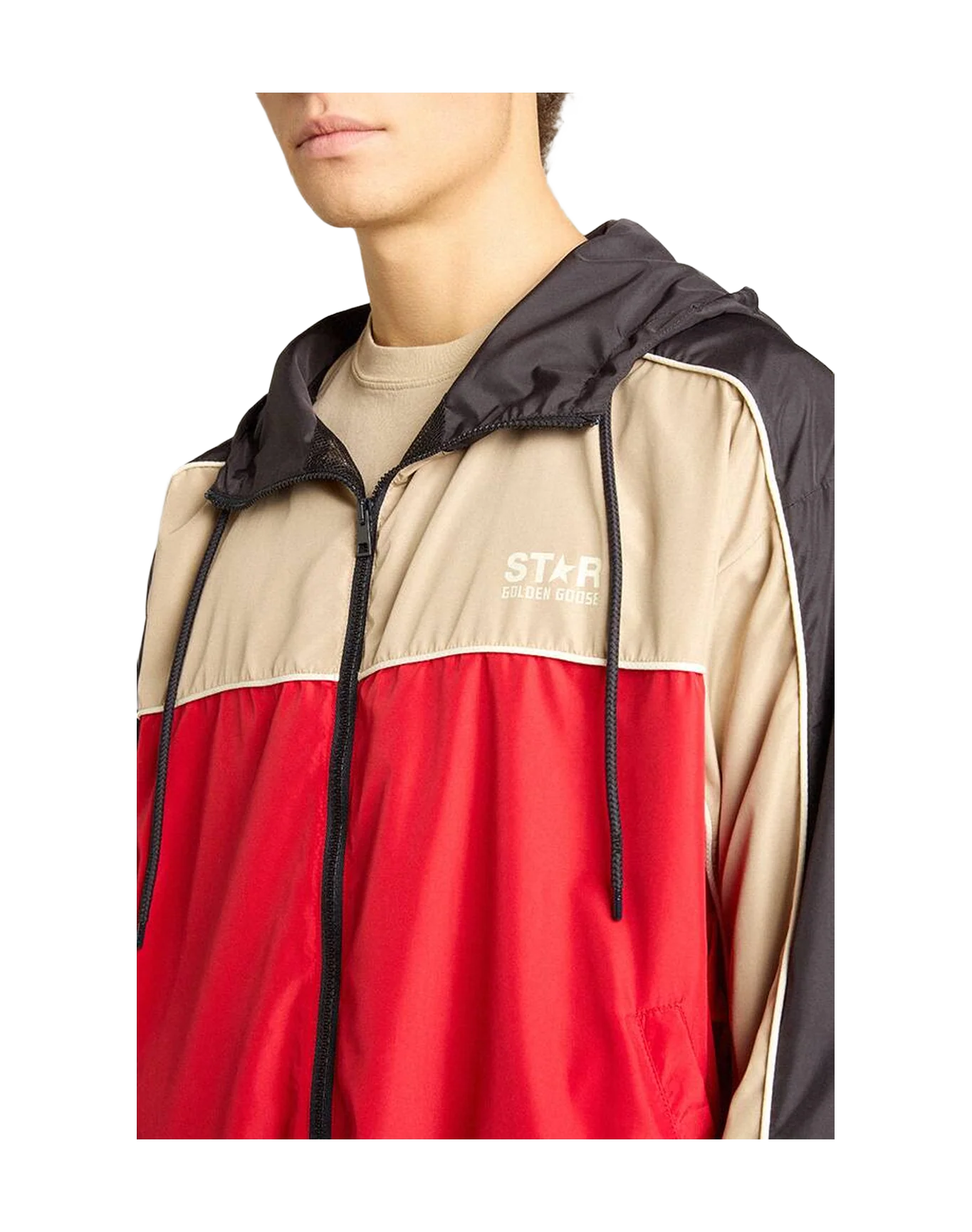 Men | Zipped Windbreaker with Contrast Fabrics Red & Dark Blue | Savvy Red x Dark Blue x Pale Khaki - Image 5