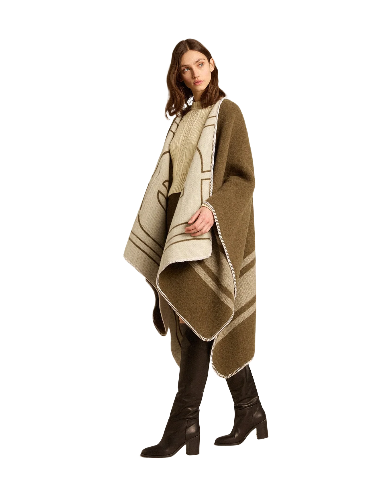 Unisex | Double-Sided Cape Military-Green Wool Blend | Army Green x Off White - Image 8