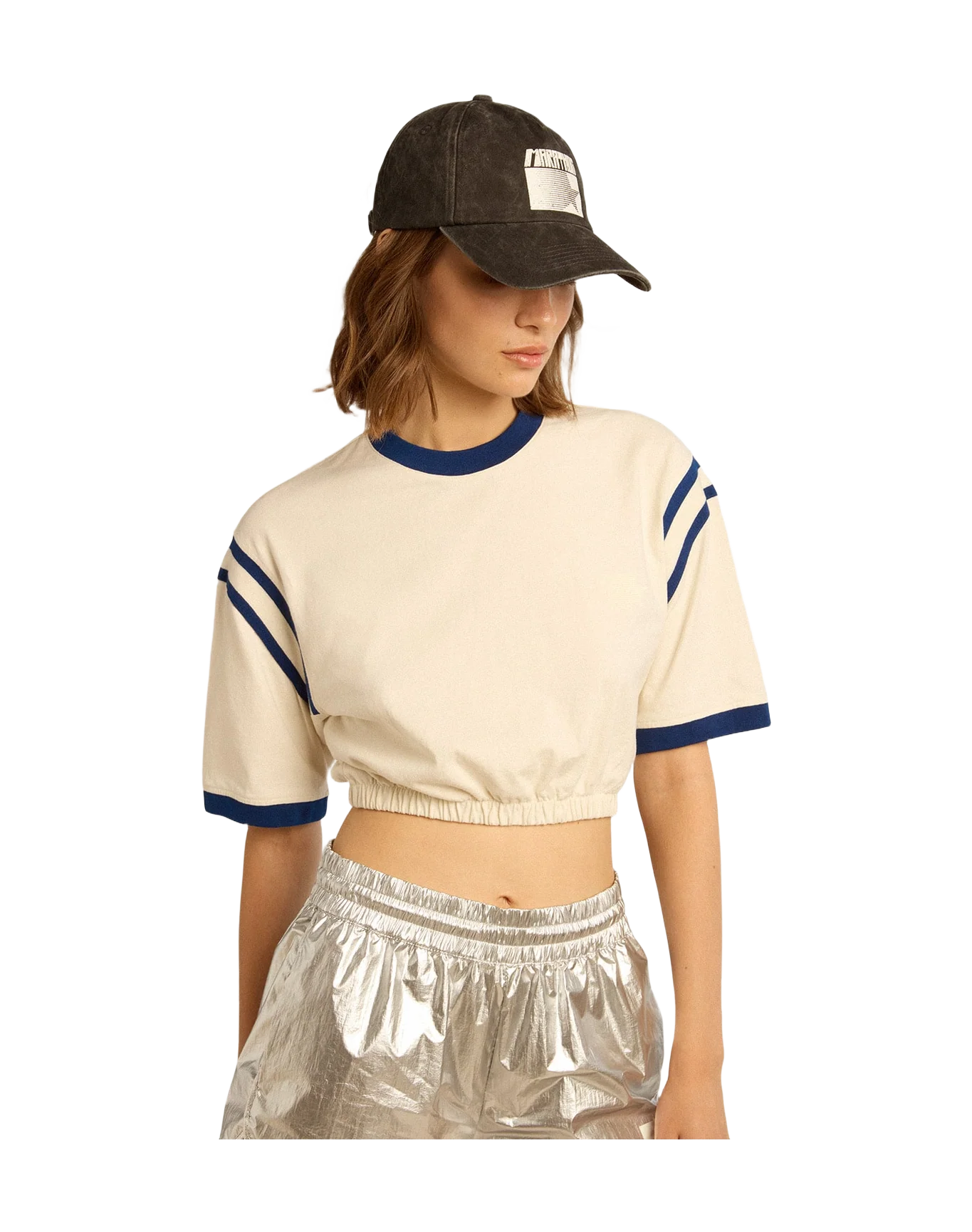 Women | Aged White Cotton Cropped T-Shirt with Lettering On The Back | Heritage White x Marathon Blue - Image 2
