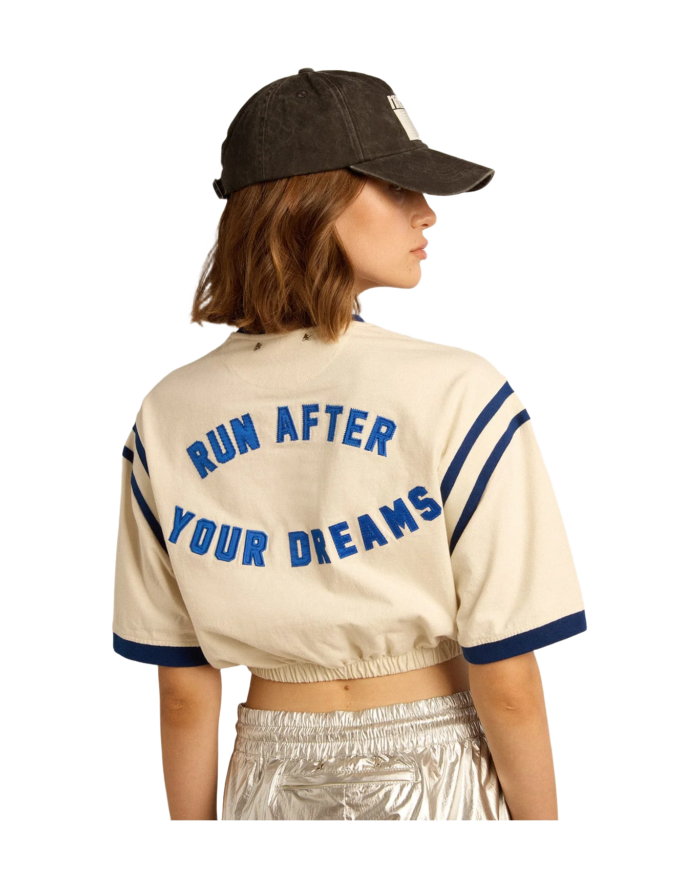 Women | Aged White Cotton Cropped T-Shirt with Lettering On The Back | Heritage White x Marathon Blue - Image 5