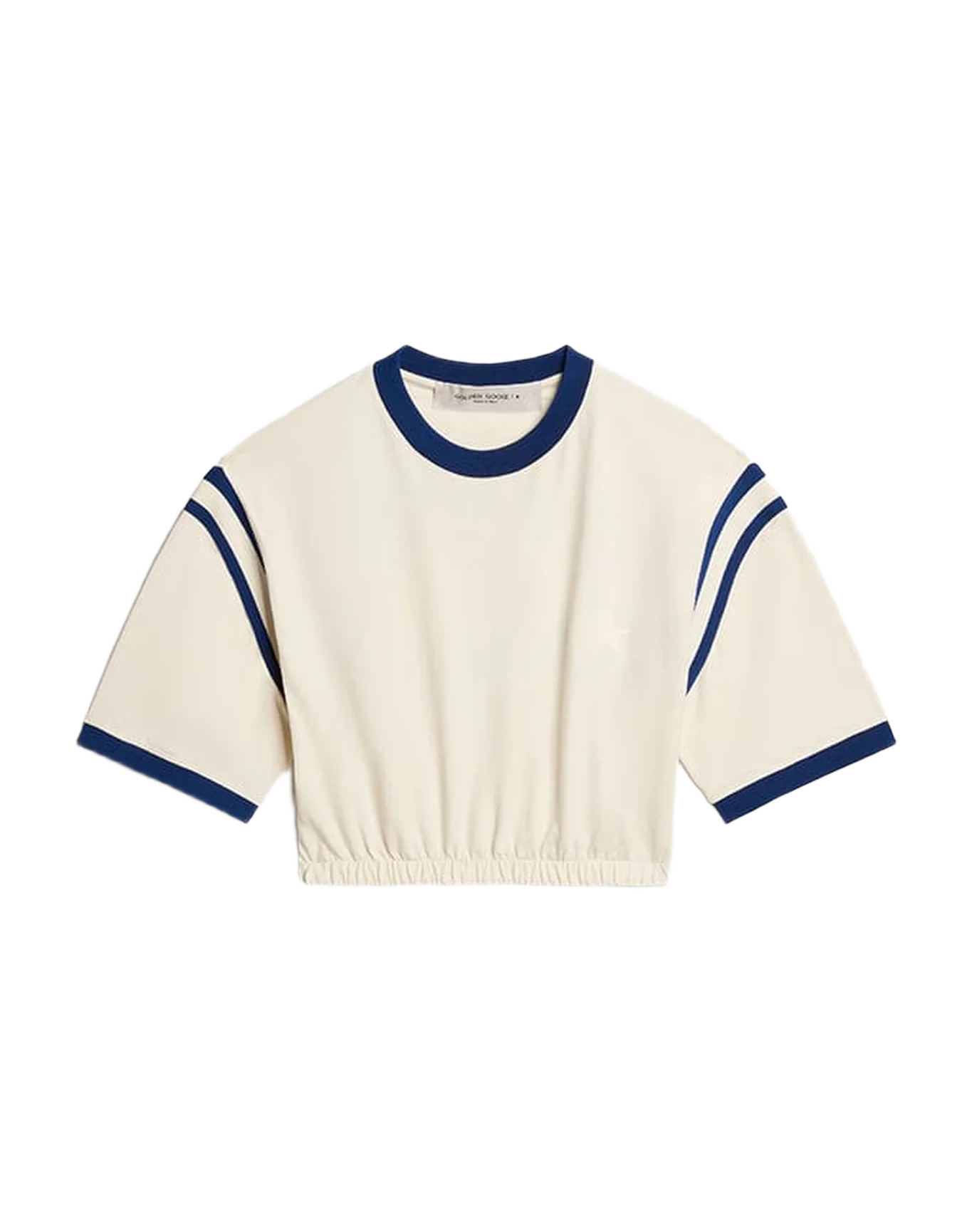 Women | Aged White Cotton Cropped T-Shirt with Lettering On The Back | Heritage White x Marathon Blue - Image 6