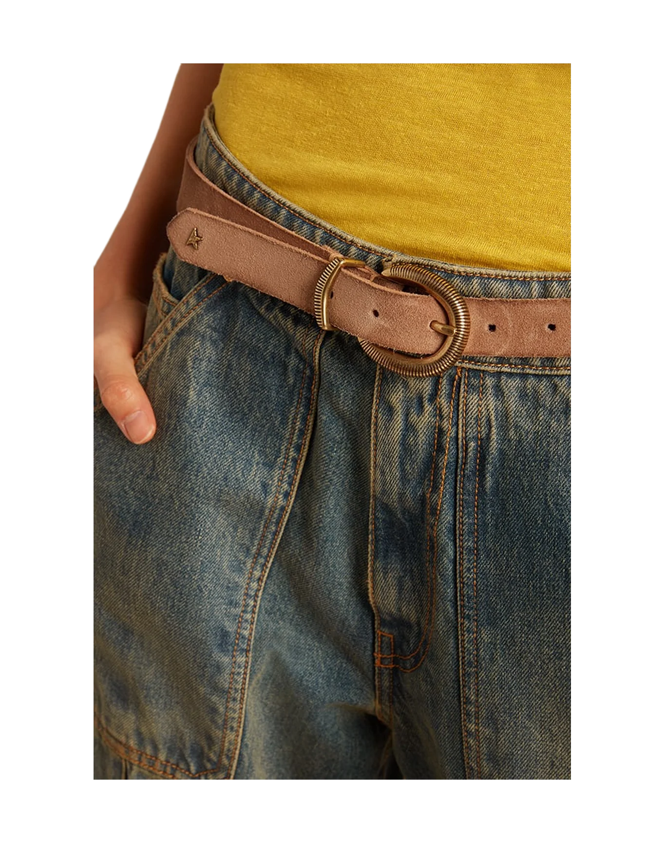 Women | Ash-Colored Nubuck Leather Belt with Gold Buckle | Ash - Image 5
