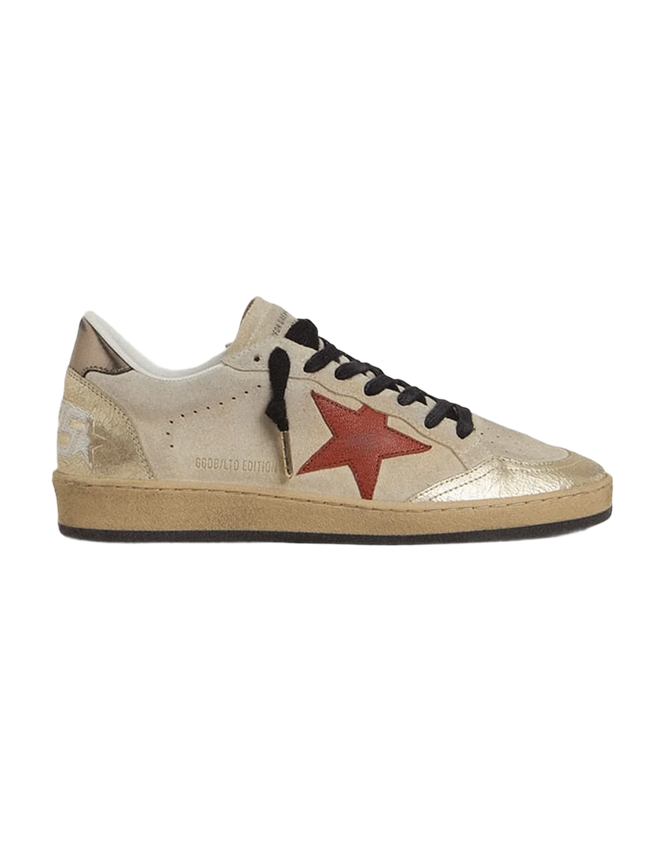Women | Ball Star Beige Suede with Red Leather Star & Metallic Bronze Foiled Leather Heel Tab | Beige x Platinum x Orange x Gun Metal - Image 8