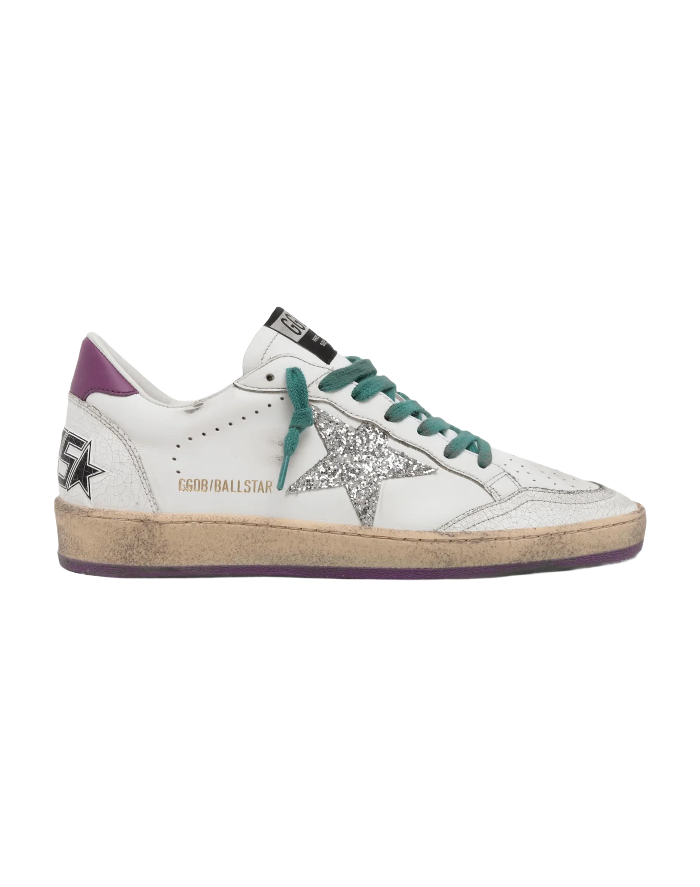 Women | Ball Star Ltd Sneakers Leather with Purple Heel Tab & Silver Star | White x Silver x Wood Violet - Image 2