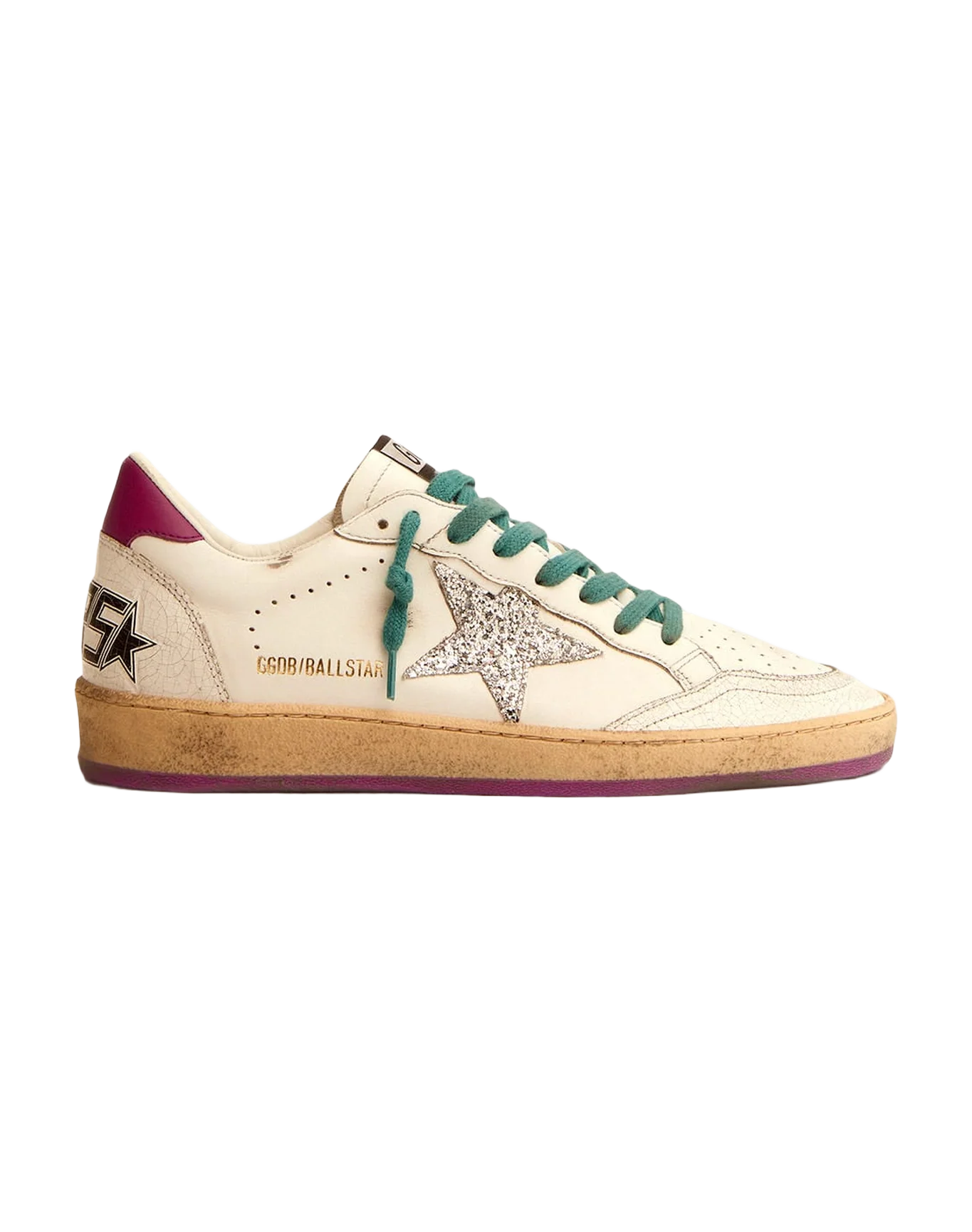 Women | Ball Star Ltd Sneakers Leather with Purple Heel Tab & Silver Star | White x Silver x Wood Violet - Image 4
